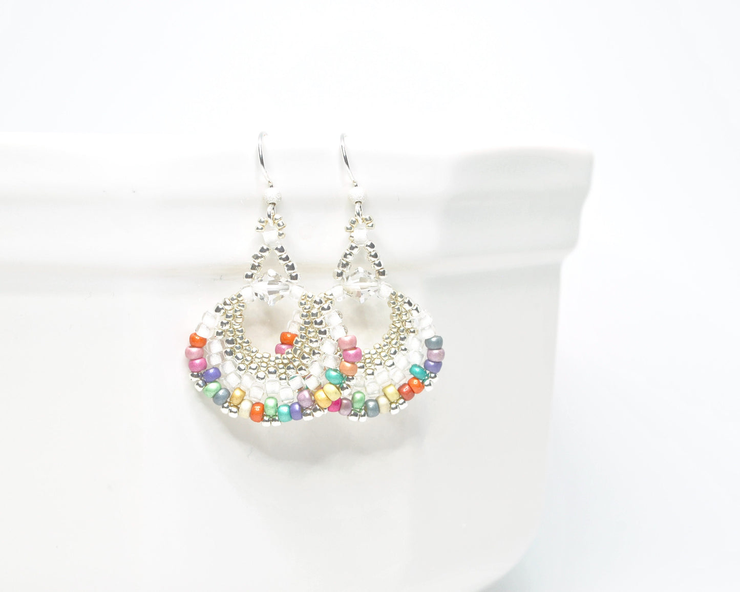 multi colored and white beaded fan earrings