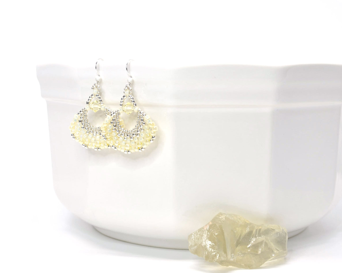 pastel yellow beaded fan earrings