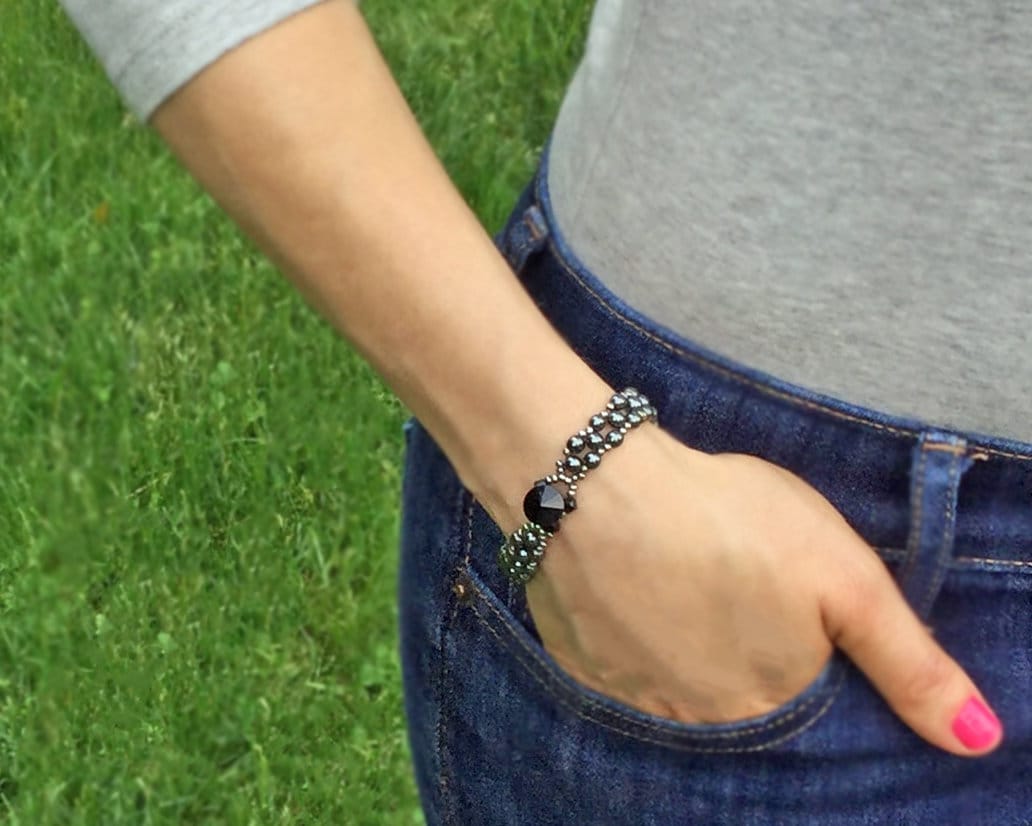 delicate hematite gemstone beaded bracelet . gemstone beaded bracelet . dark gray gemstone bracelet . delicate gemstone bracelet . gift idea