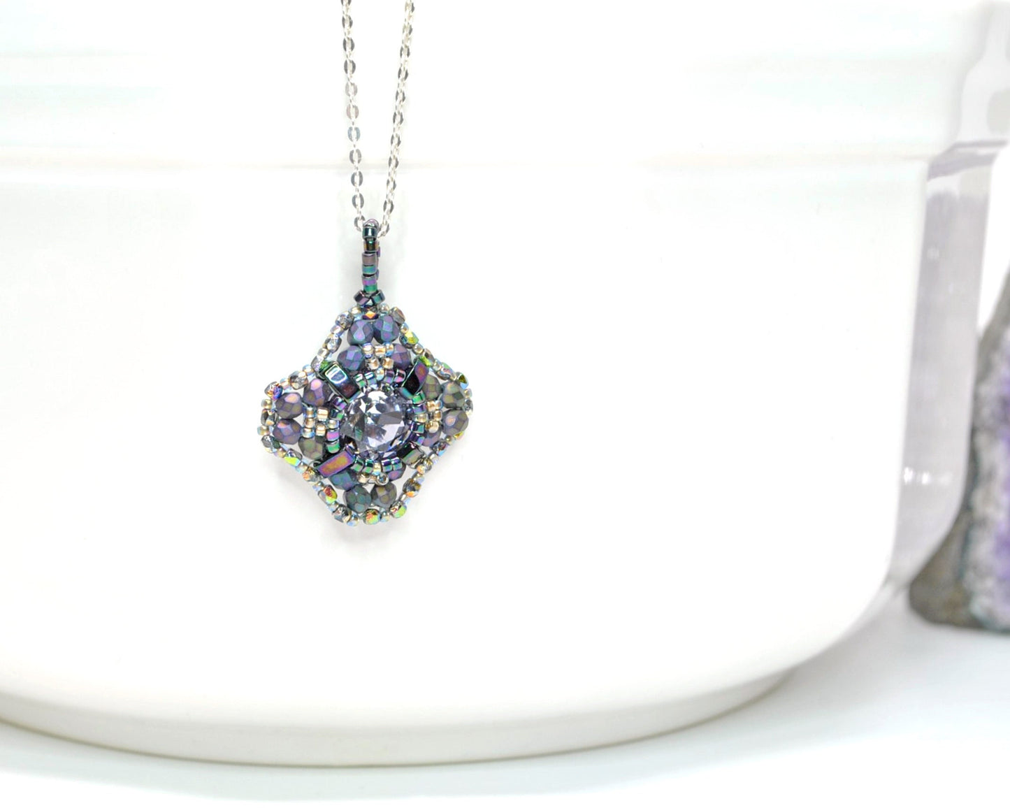 purple metallic swarovski cushion cut pendant .  #021