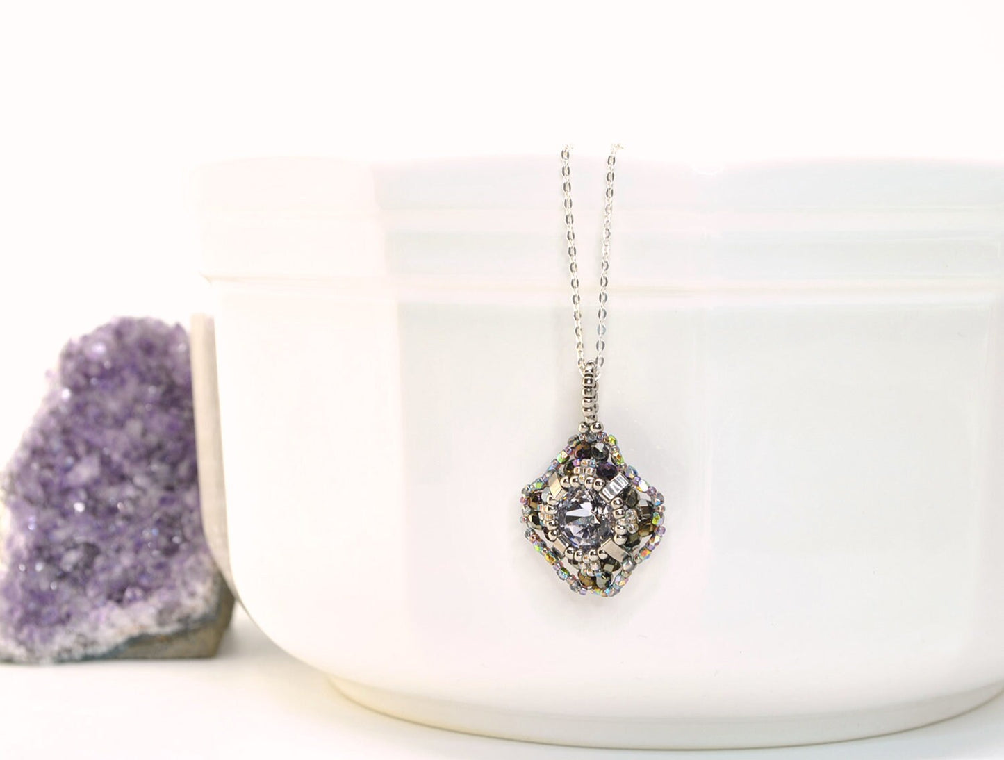 swarovski cushion cut crystal pendant necklace . sophisticated . crystal pendant . statement #003 . diamond shaped . antique gold, purple
