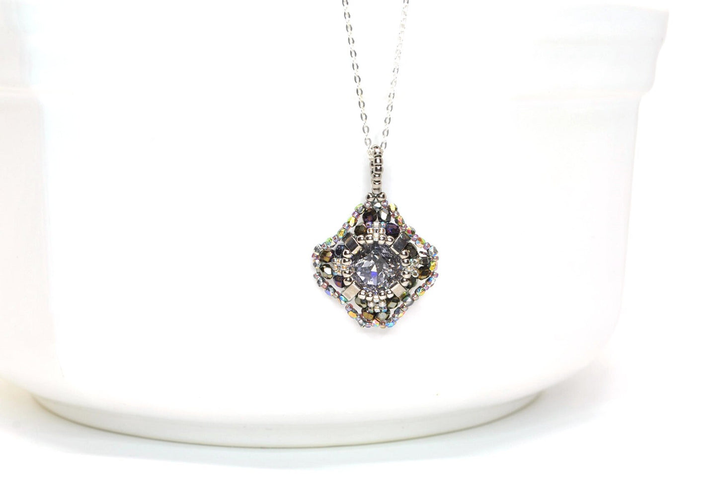 swarovski cushion cut crystal pendant necklace . sophisticated . crystal pendant . statement #003 . diamond shaped . antique gold, purple
