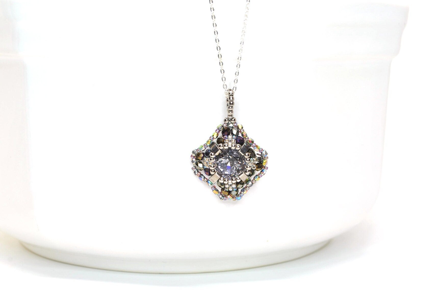 swarovski cushion cut crystal pendant necklace . sophisticated . crystal pendant . statement #003 . diamond shaped . antique gold, purple