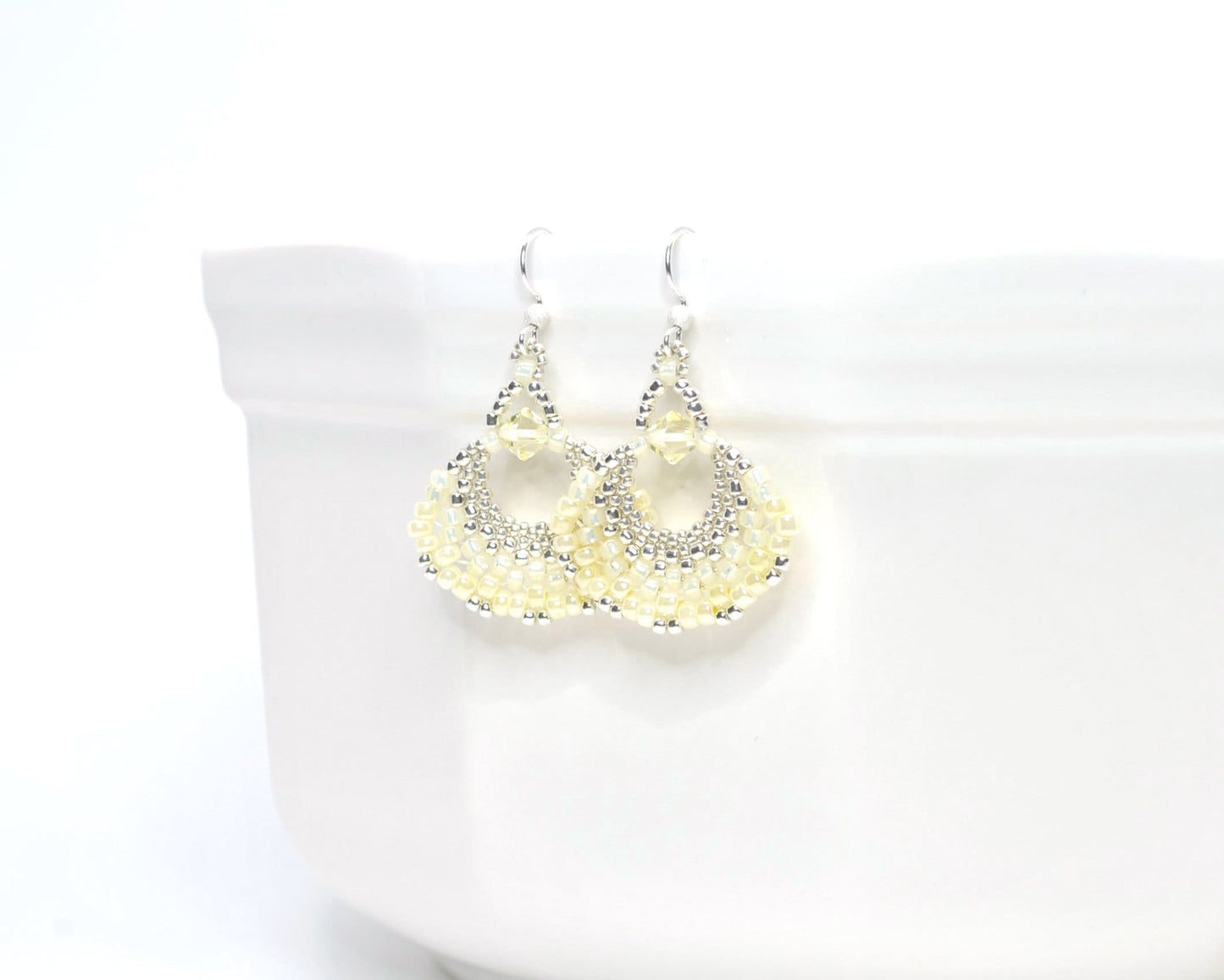 pastel yellow beaded fan earrings