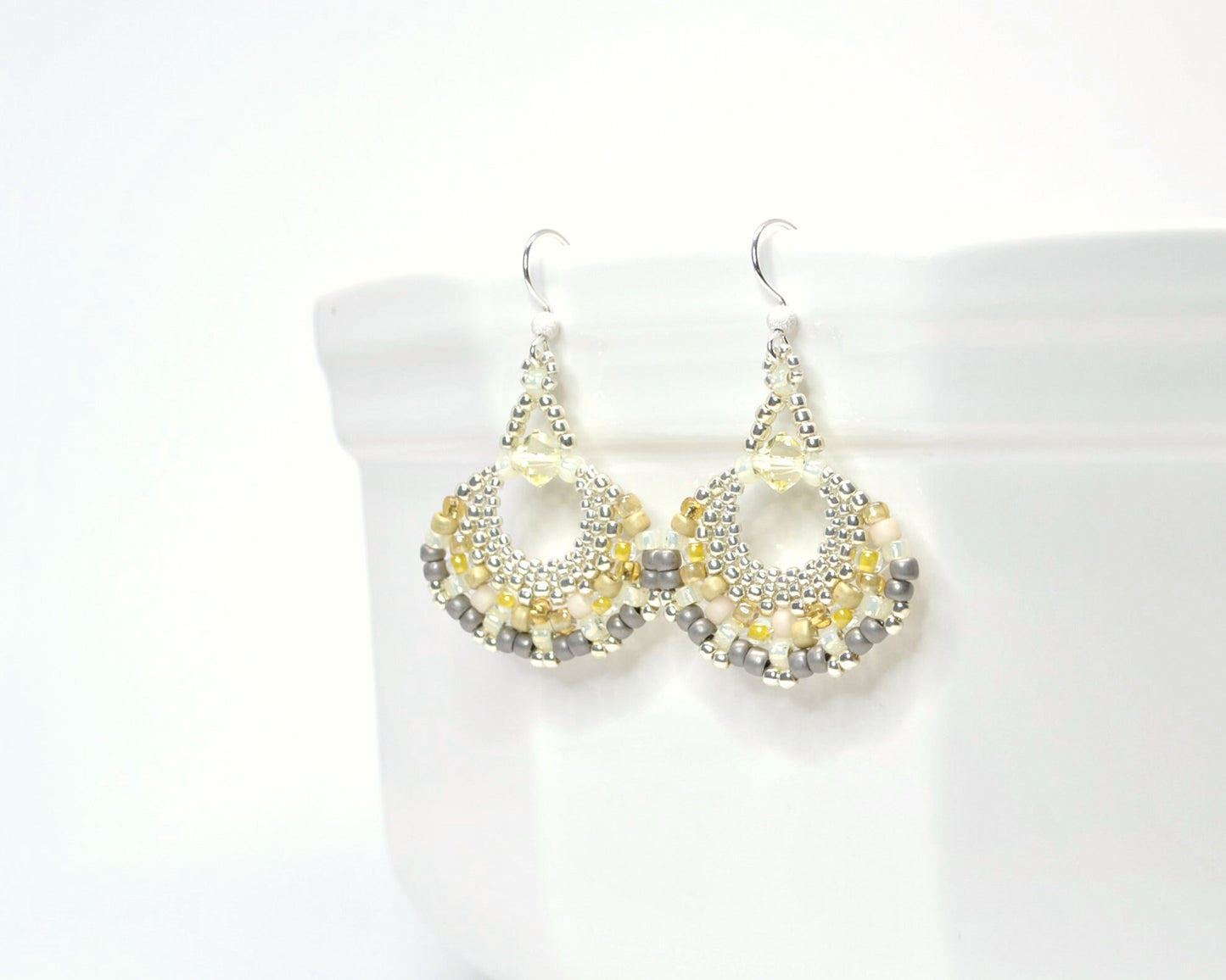 yellow and gray tweed beaded fan earrings . yellow and gray fan earrings . . statement earrings . illuminating yellow earrings, nickel free