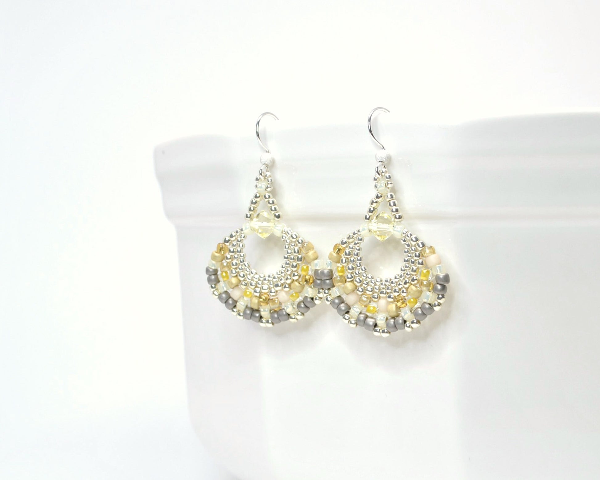 yellow and gray tweed beaded fan earrings . yellow and gray fan earrings . . statement earrings . illuminating yellow earrings, nickel free