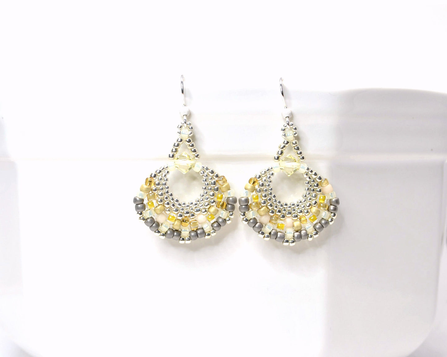 yellow and gray tweed beaded fan earrings . yellow and gray fan earrings . . statement earrings . illuminating yellow earrings, nickel free