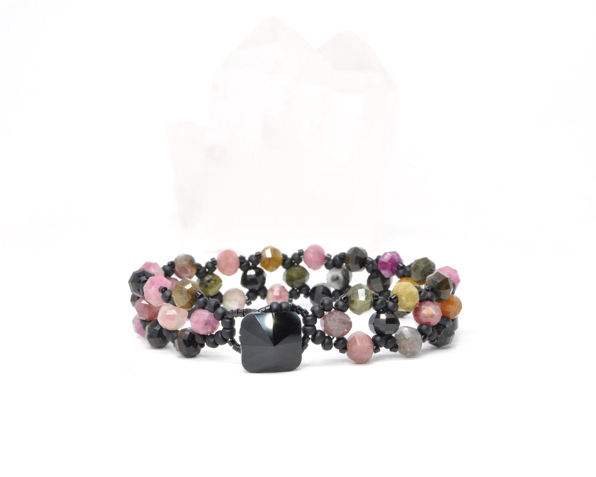 tourmaline and black glass beaded gemstone bracelet . black, pink tourmaline bracelet . nickel free jewelry . tourmaline gemstone bracelet