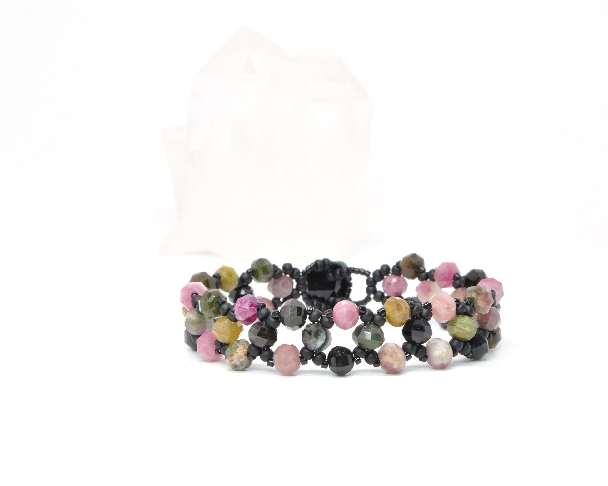 tourmaline and black glass beaded gemstone bracelet . black, pink tourmaline bracelet . nickel free jewelry . tourmaline gemstone bracelet