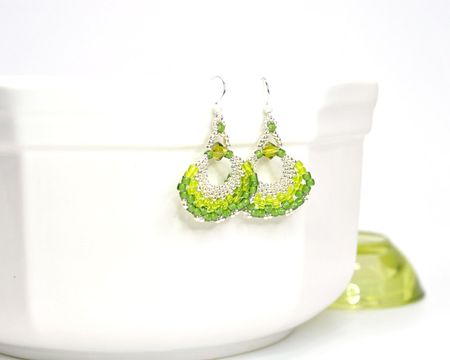 chartreuse green beaded fan earrings