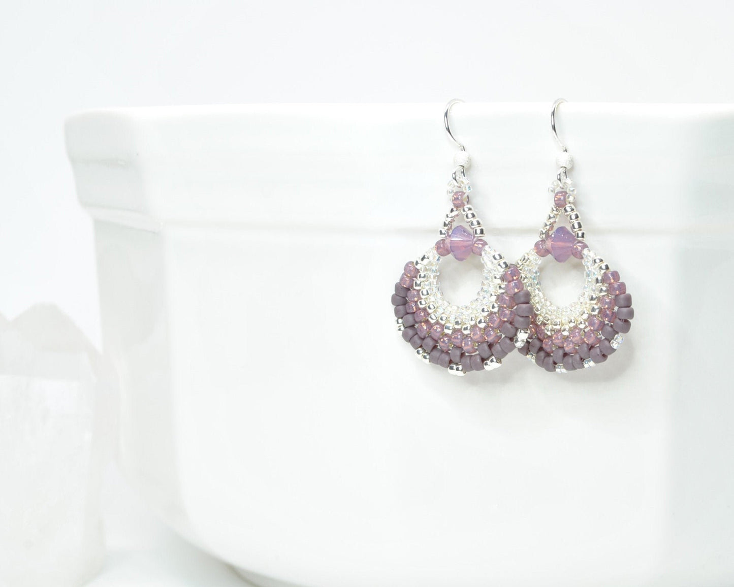 orchid purple silver beaded fan earring . lightweight earrings . nickel free jewelry . purple fan earrings . mauve purple earrings . gift .