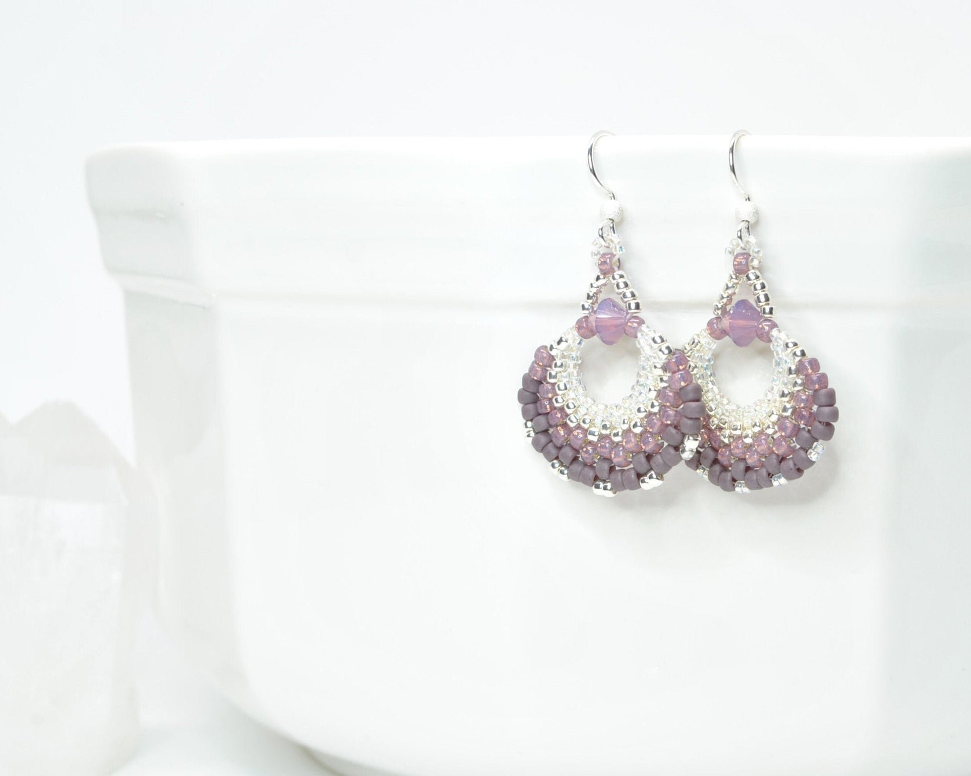 orchid purple silver beaded fan earring . lightweight earrings . nickel free jewelry . purple fan earrings . mauve purple earrings . gift .