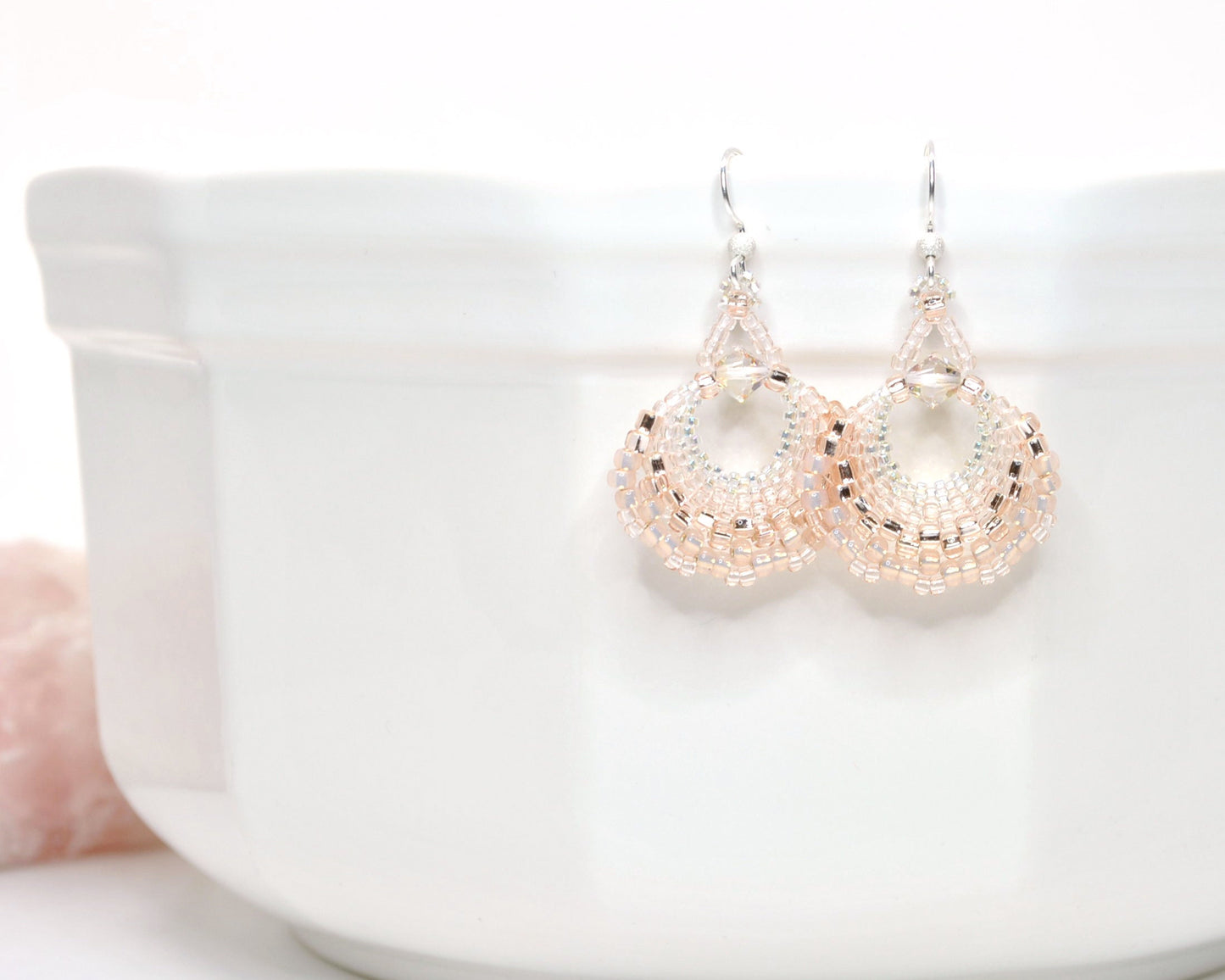pastel pink delicate beaded fan earrings