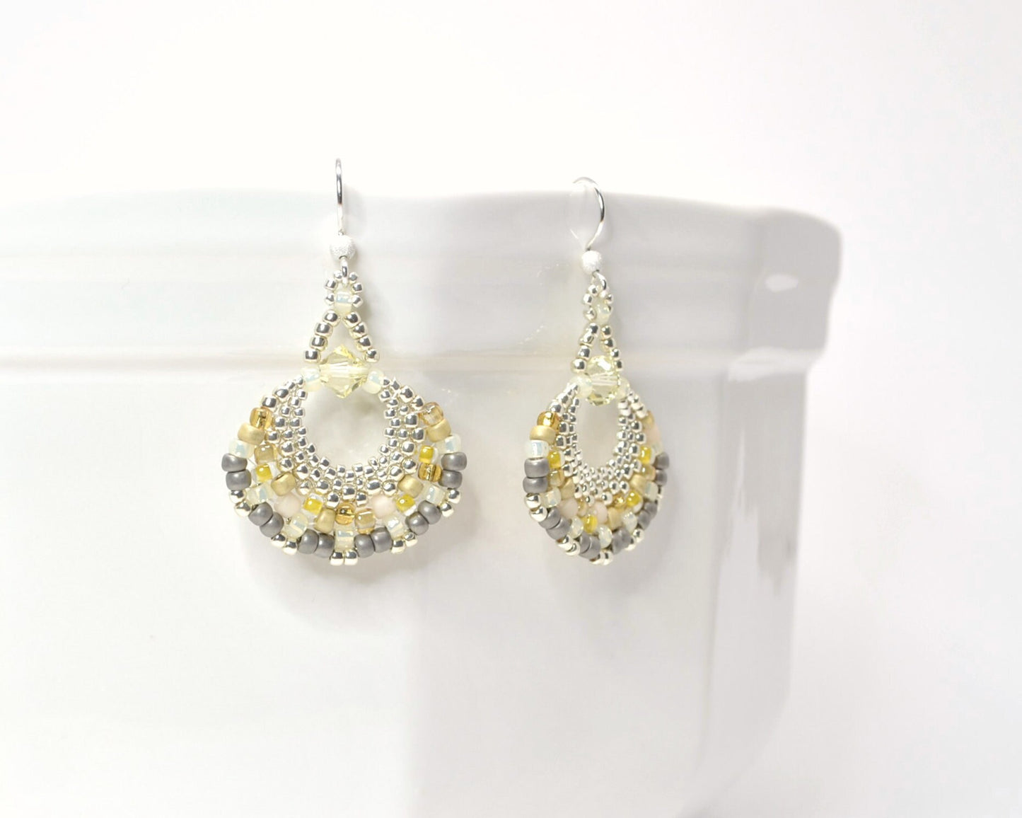 yellow and gray tweed beaded fan earrings . yellow and gray fan earrings . . statement earrings . illuminating yellow earrings, nickel free