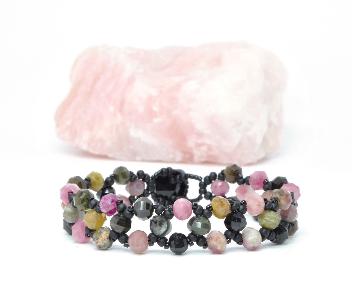 tourmaline and black glass beaded gemstone bracelet . black, pink tourmaline bracelet . nickel free jewelry . tourmaline gemstone bracelet