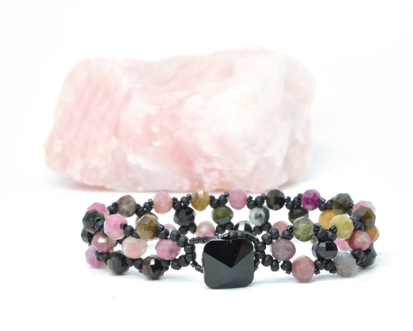 tourmaline and black glass beaded gemstone bracelet . black, pink tourmaline bracelet . nickel free jewelry . tourmaline gemstone bracelet
