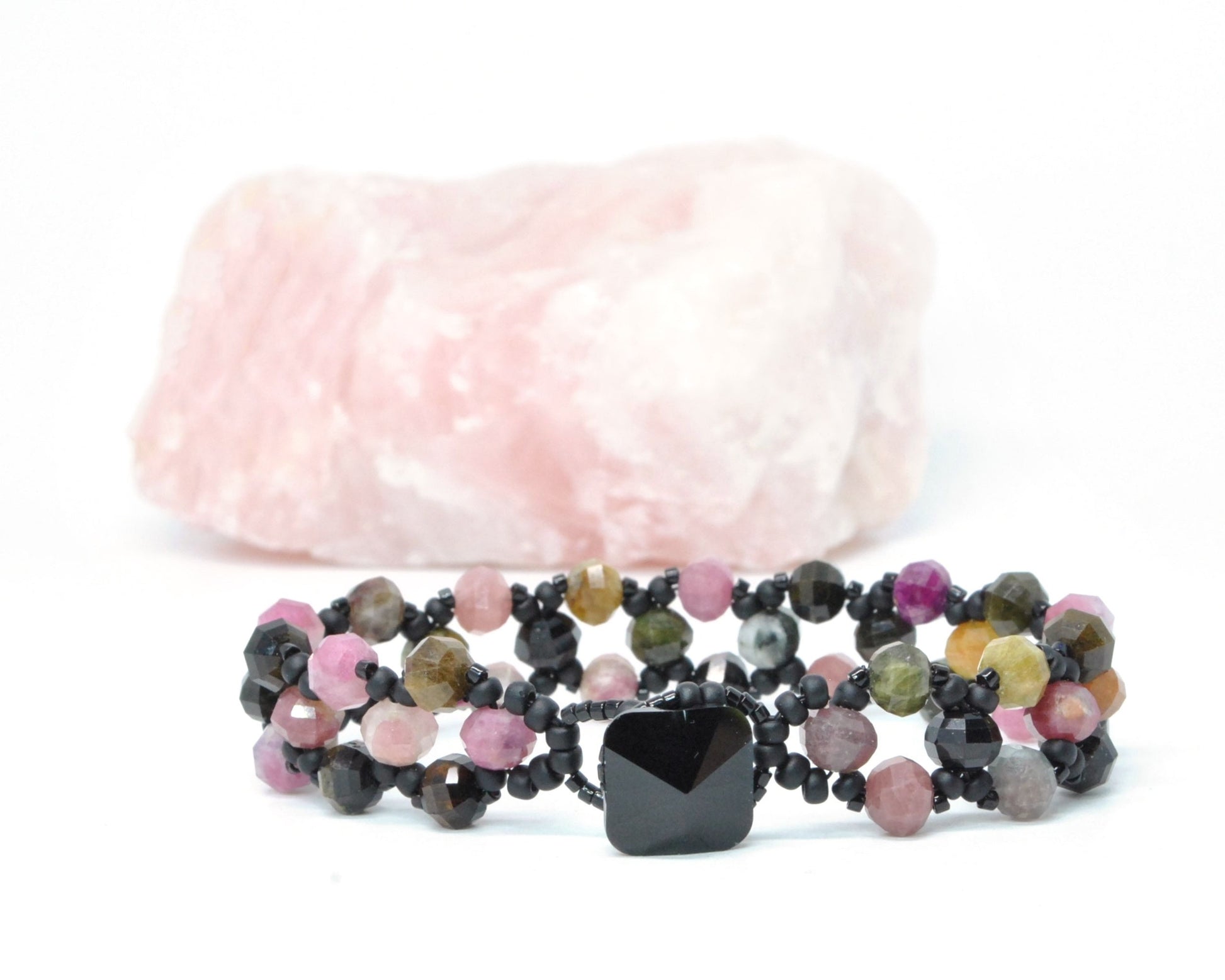 tourmaline and black glass beaded gemstone bracelet . black, pink tourmaline bracelet . nickel free jewelry . tourmaline gemstone bracelet