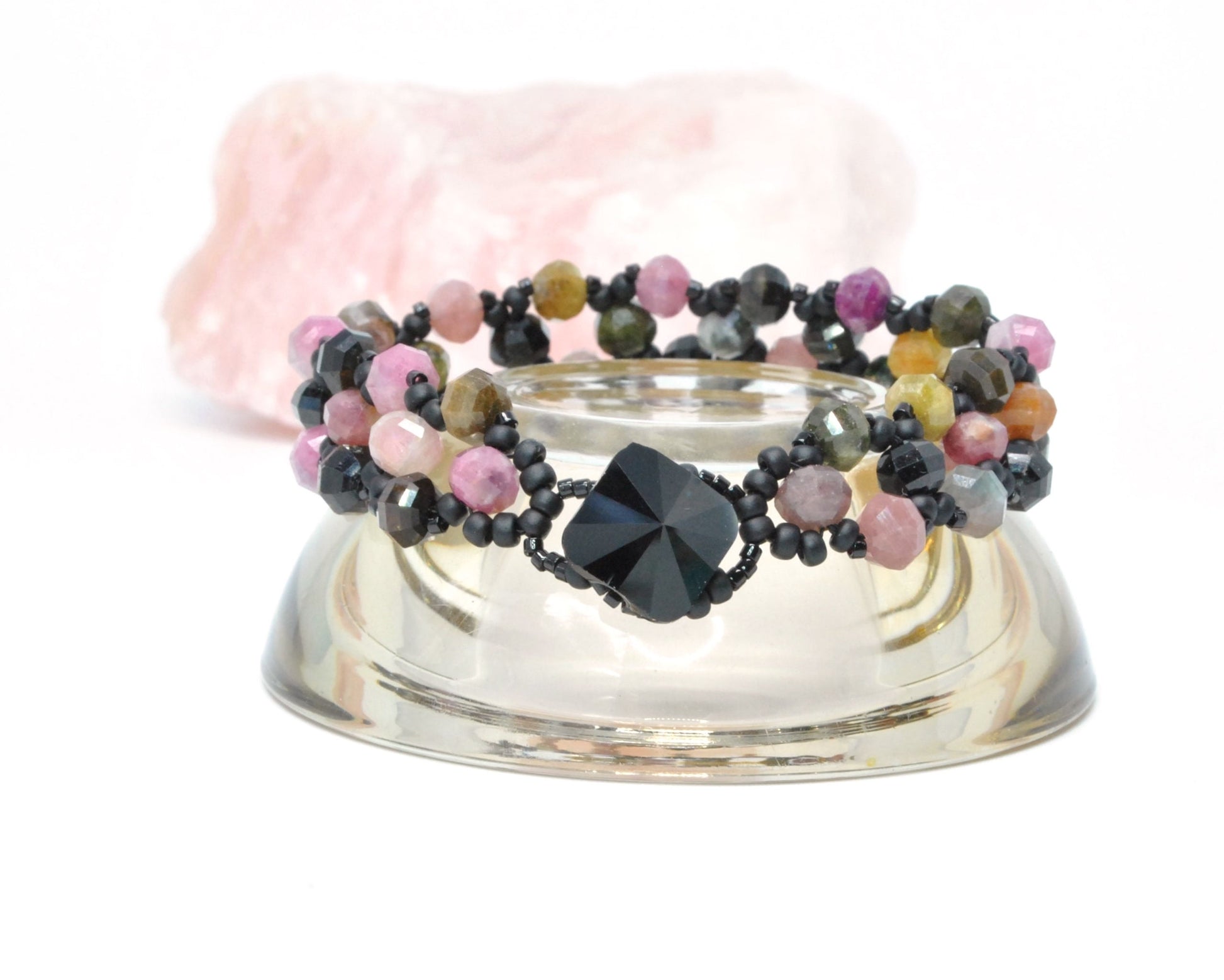 tourmaline and black glass beaded gemstone bracelet . black, pink tourmaline bracelet . nickel free jewelry . tourmaline gemstone bracelet