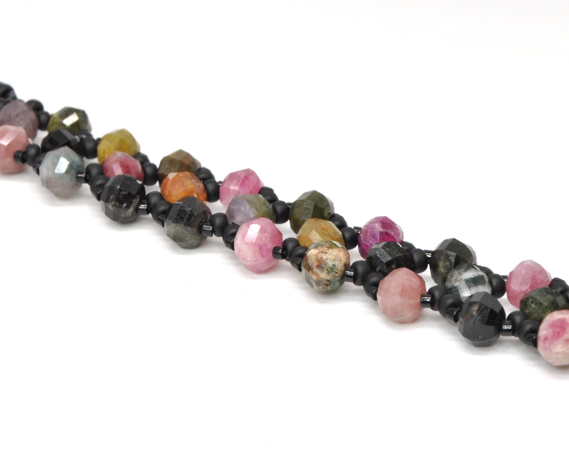 tourmaline and black glass beaded gemstone bracelet . black, pink tourmaline bracelet . nickel free jewelry . tourmaline gemstone bracelet