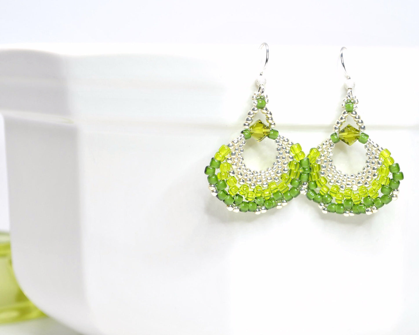 chartreuse green beaded fan earrings