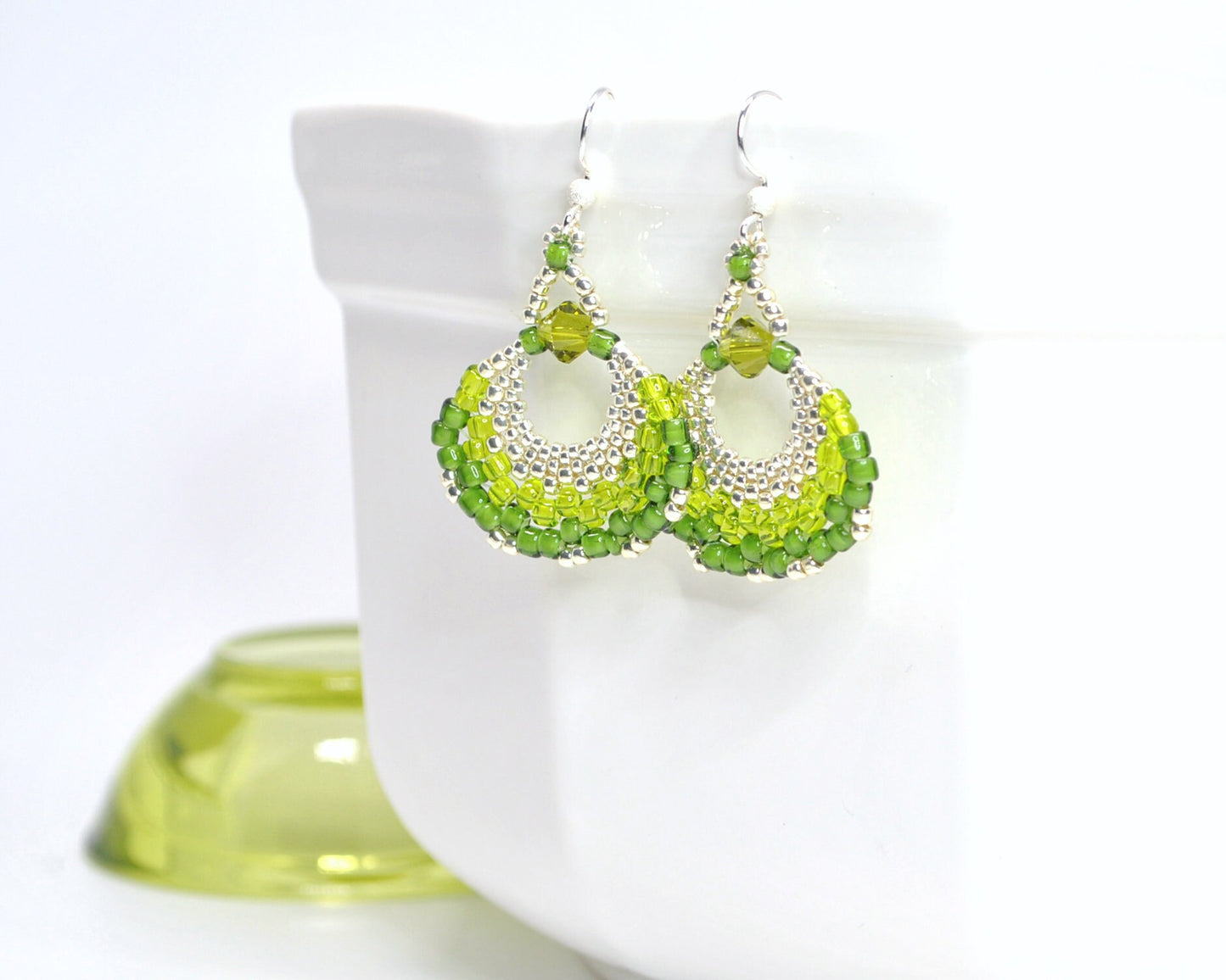 chartreuse green beaded fan earrings