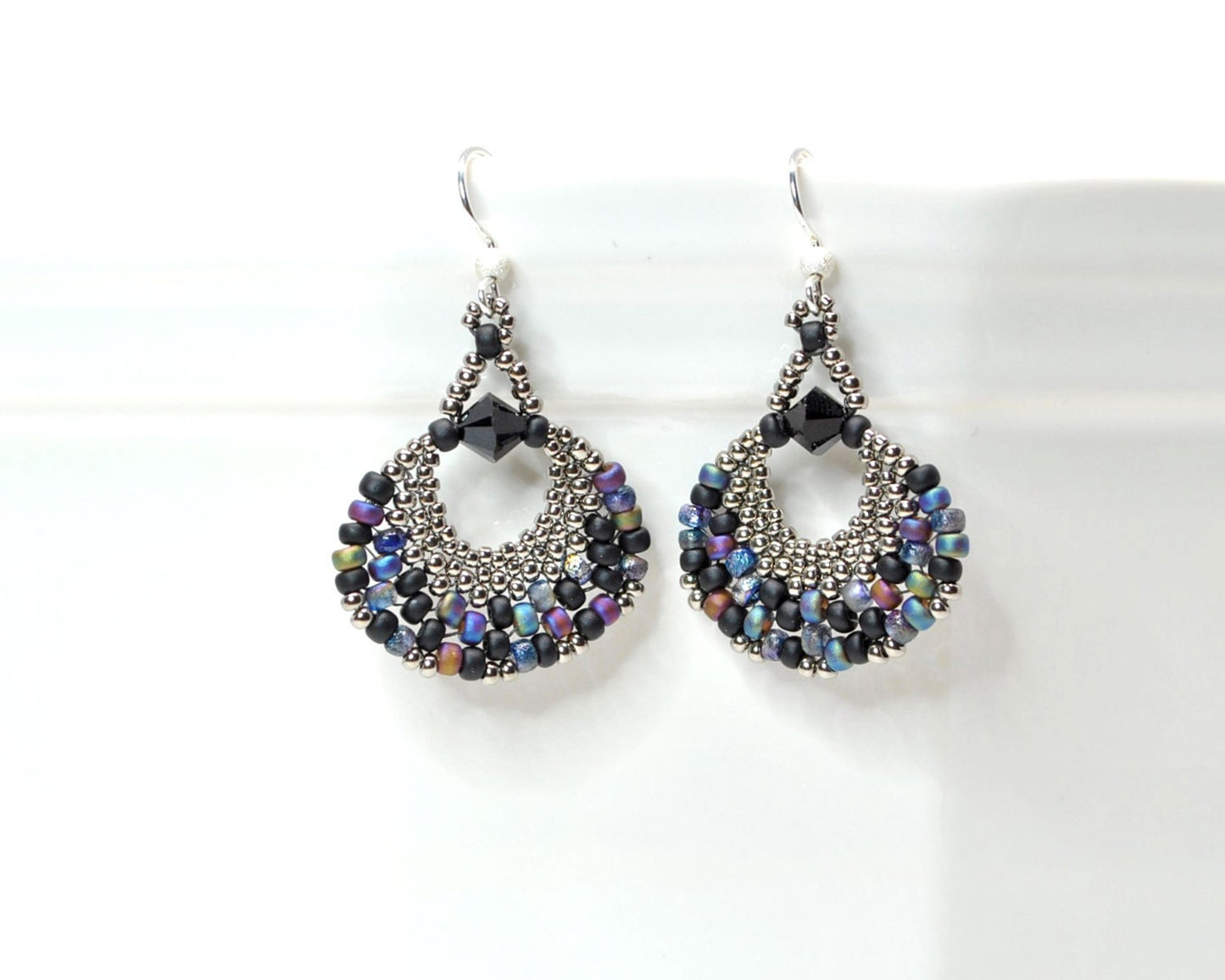 black and multi colored beaded fan earrings