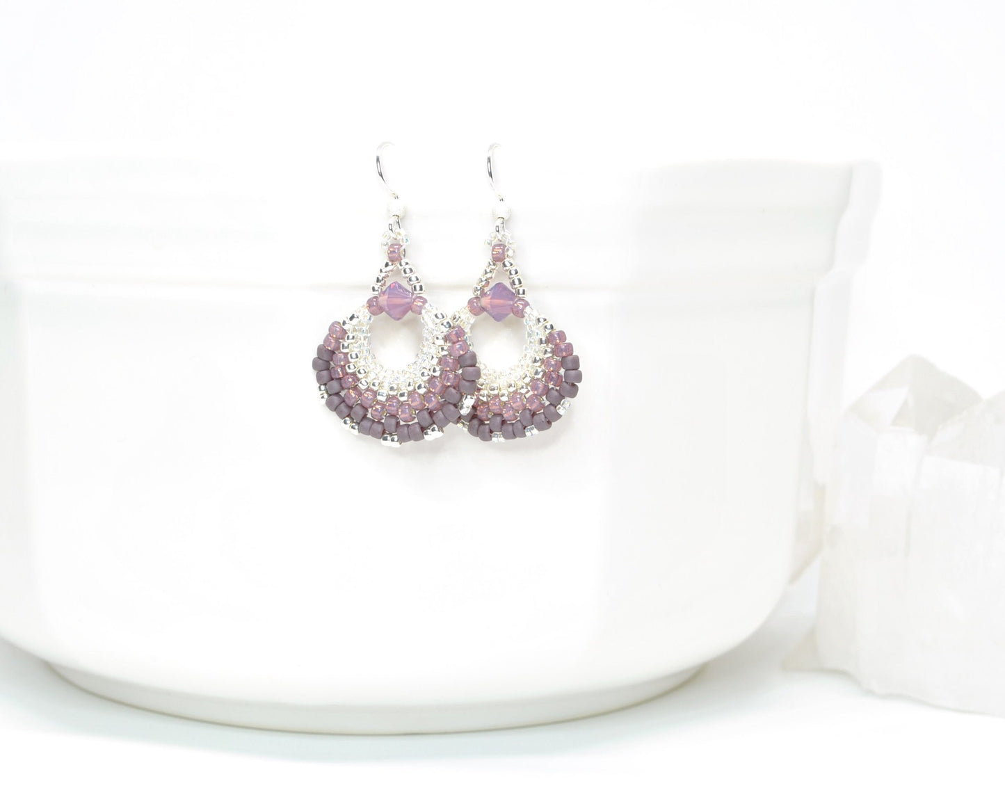 orchid purple silver beaded fan earring . lightweight earrings . nickel free jewelry . purple fan earrings . mauve purple earrings . gift .