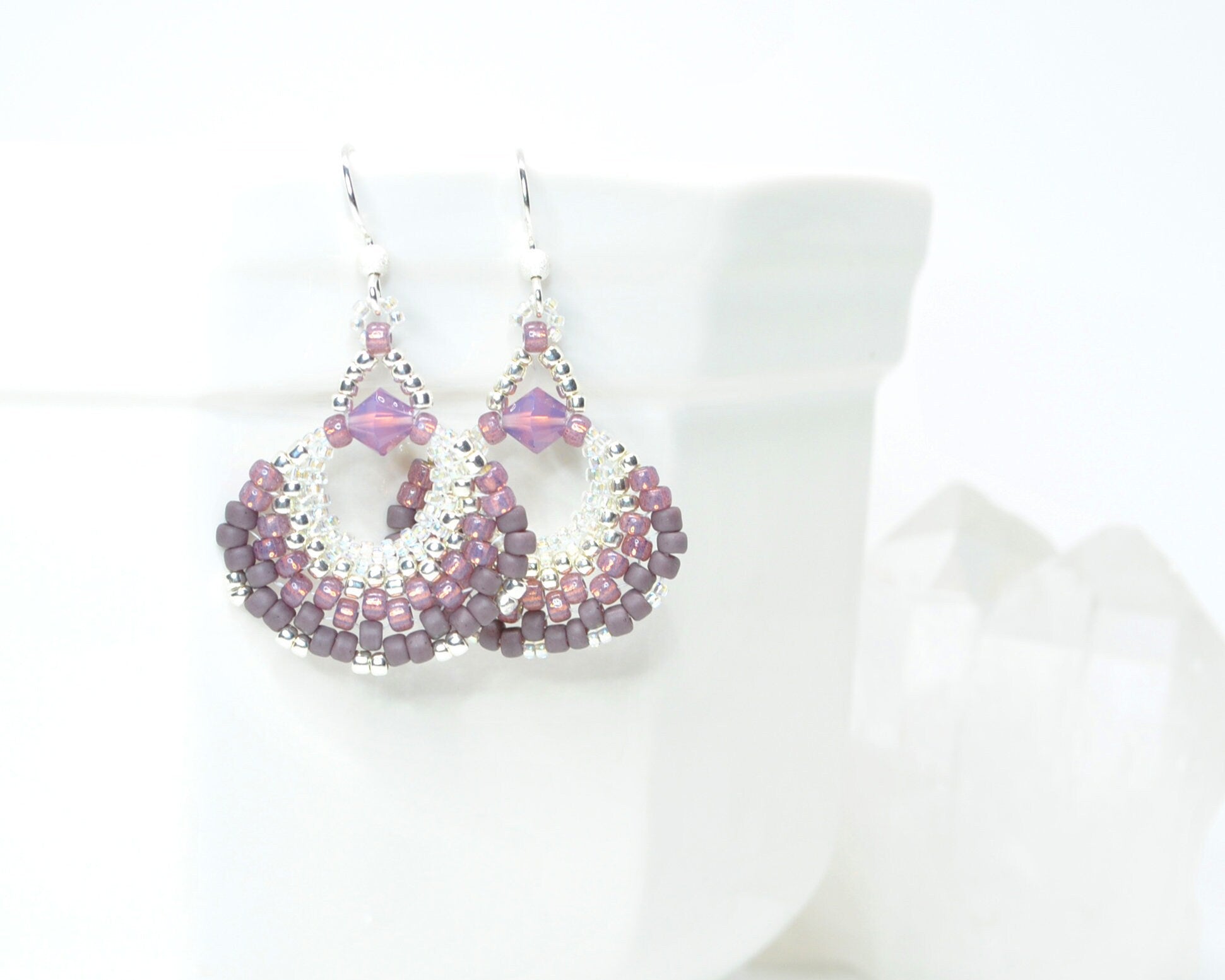 orchid purple silver beaded fan earring . lightweight earrings . nickel free jewelry . purple fan earrings . mauve purple earrings . gift .