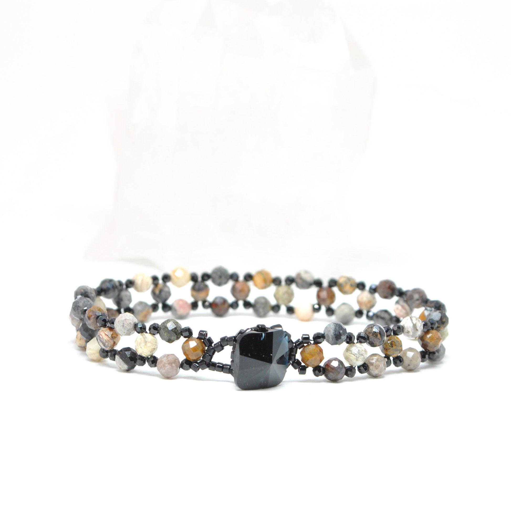 delicate jasper & spinel beaded gemstone bracelet . dainty gemstone bracelet . neutral colors . nickel free jewelry . flat bracelet . black