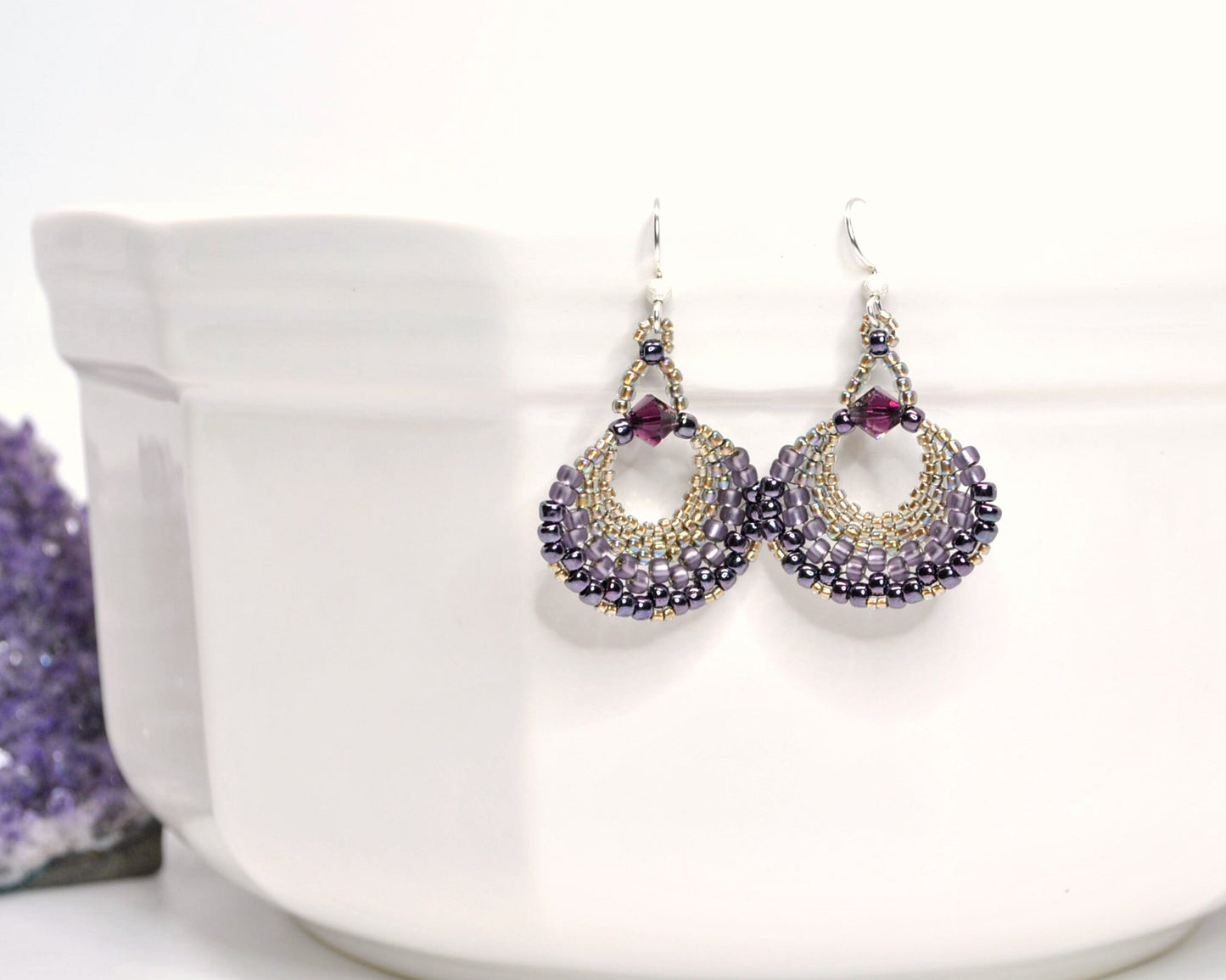 purple beaded fan earrings with sterling silver ear wires . statement earrings . lightweight handmade beaded earrings . nickel free jewelry