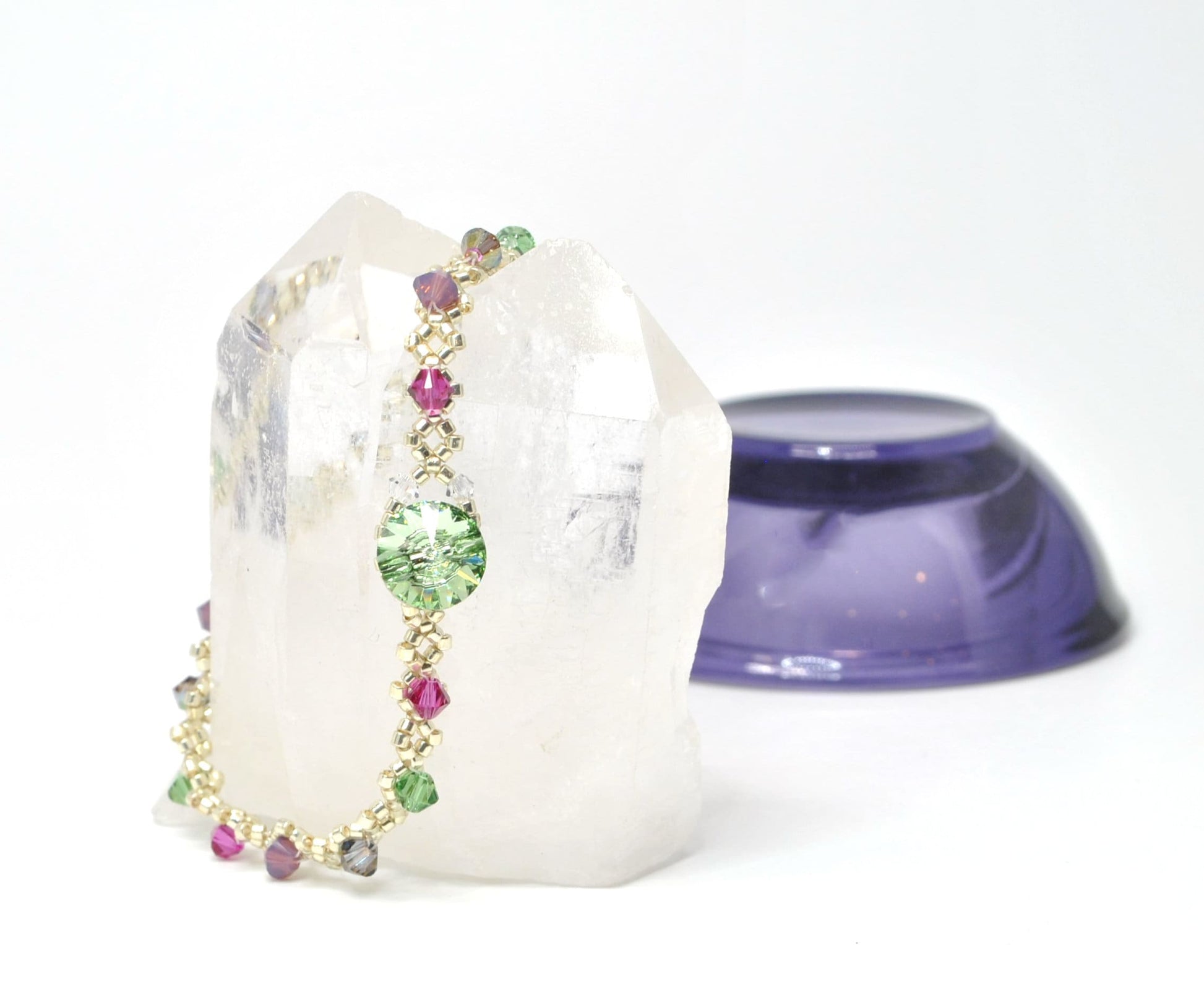 delicate swarovski crystal bracelet . southwest . unique gift . dainty . colorful, magenta pink mauve purple, teal, warm silver bracelet