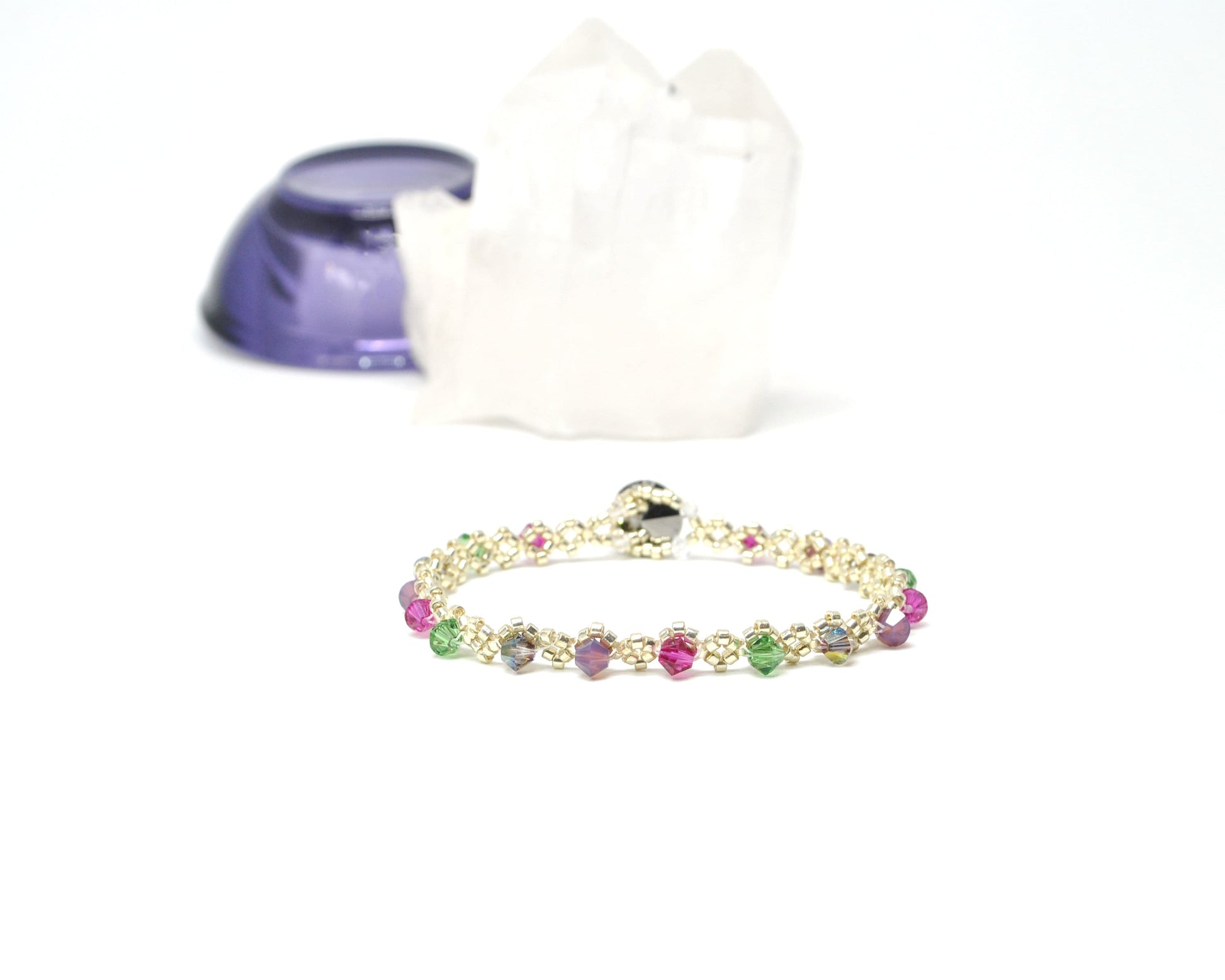 delicate swarovski crystal bracelet . southwest . unique gift . dainty . colorful, magenta pink mauve purple, teal, warm silver bracelet