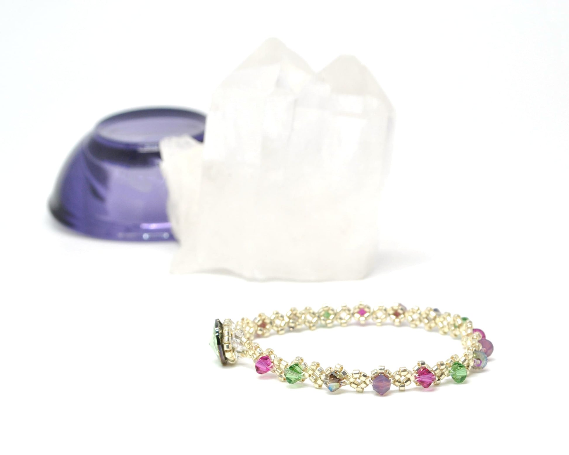 delicate swarovski crystal bracelet . southwest . unique gift . dainty . colorful, magenta pink mauve purple, teal, warm silver bracelet