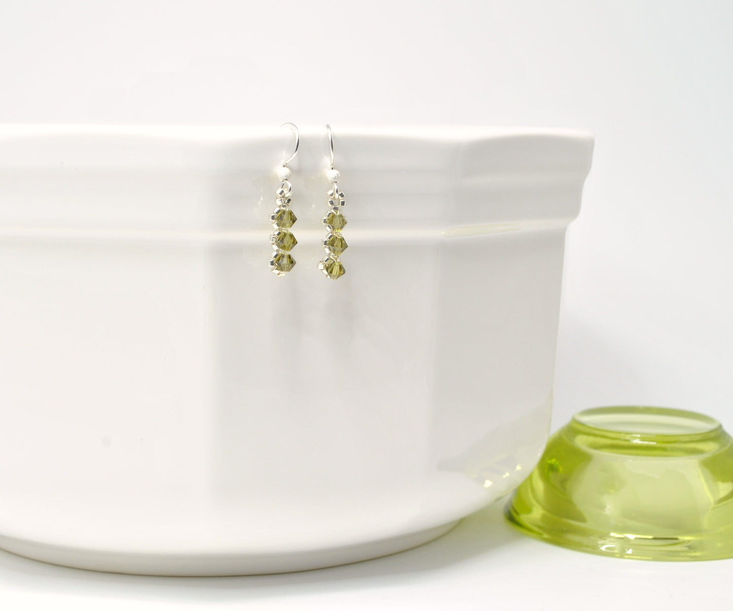 khaki green swarovski crystal earrings . diamond shape . delicate drop earrings . utilitarian style, nickel free jewelry, bridesmaid gifts