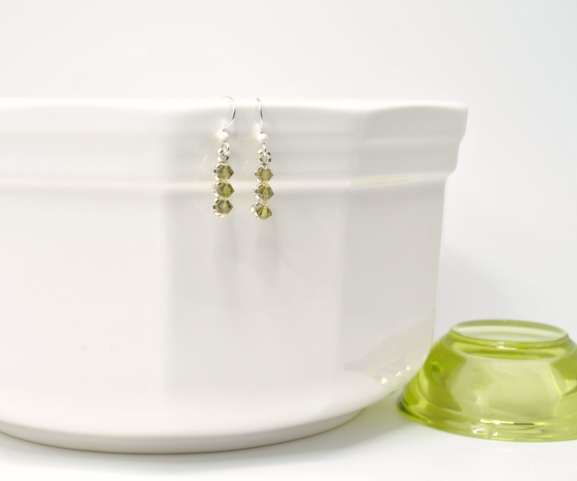 khaki green swarovski crystal earrings . diamond shape . delicate drop earrings . utilitarian style, nickel free jewelry, bridesmaid gifts