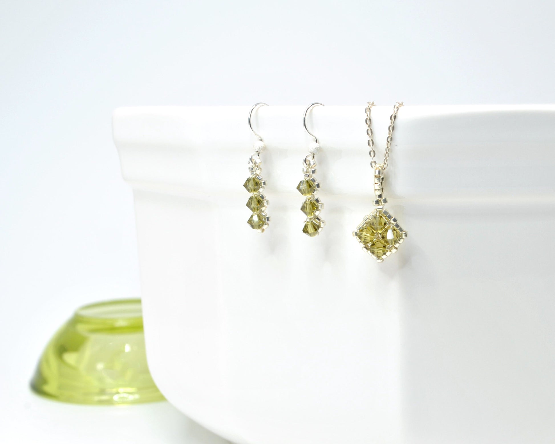 khaki green swarovski crystal earrings . diamond shape . delicate drop earrings . utilitarian style, nickel free jewelry, bridesmaid gifts