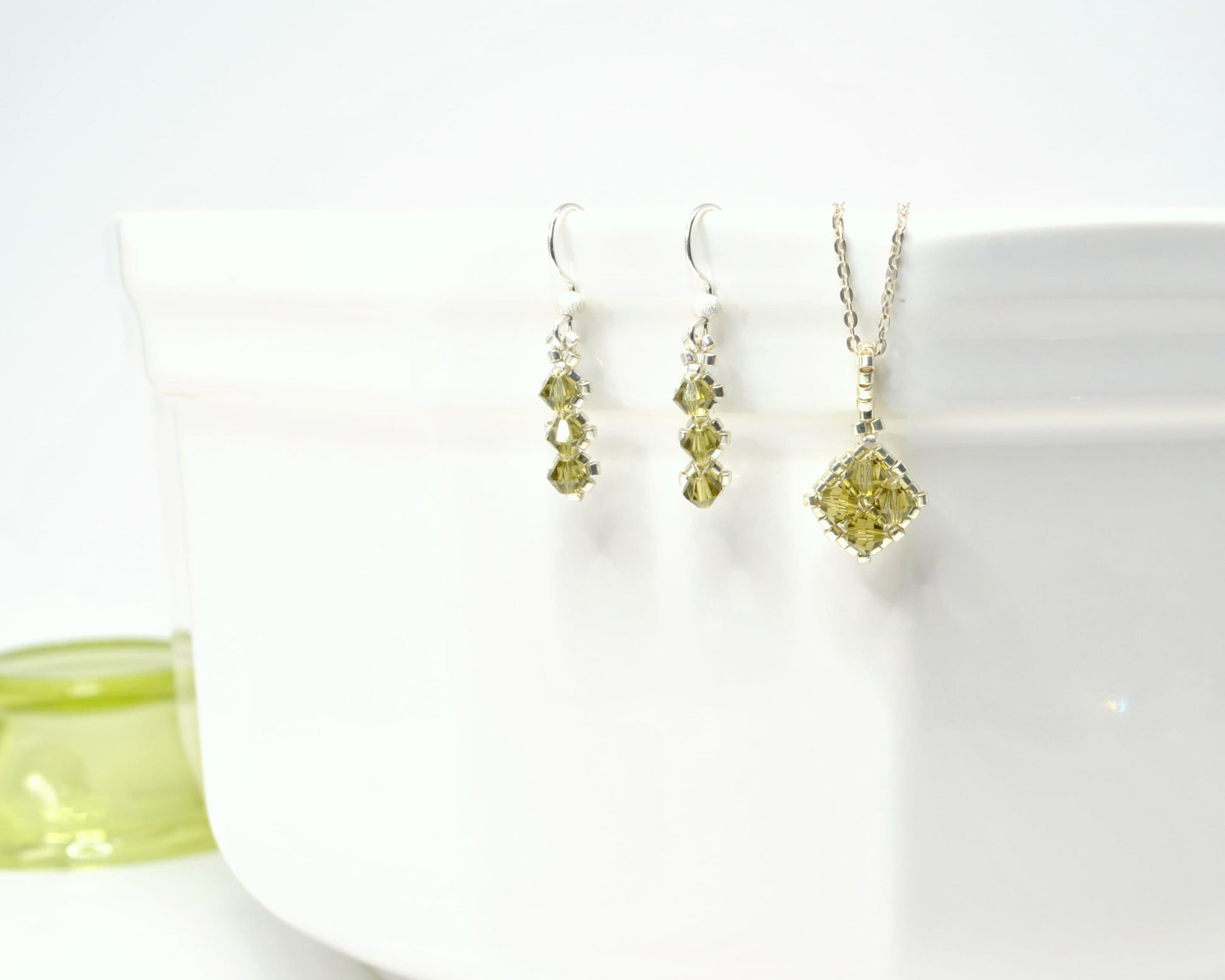 khaki green swarovski crystal earrings . diamond shape . delicate drop earrings . utilitarian style, nickel free jewelry, bridesmaid gifts