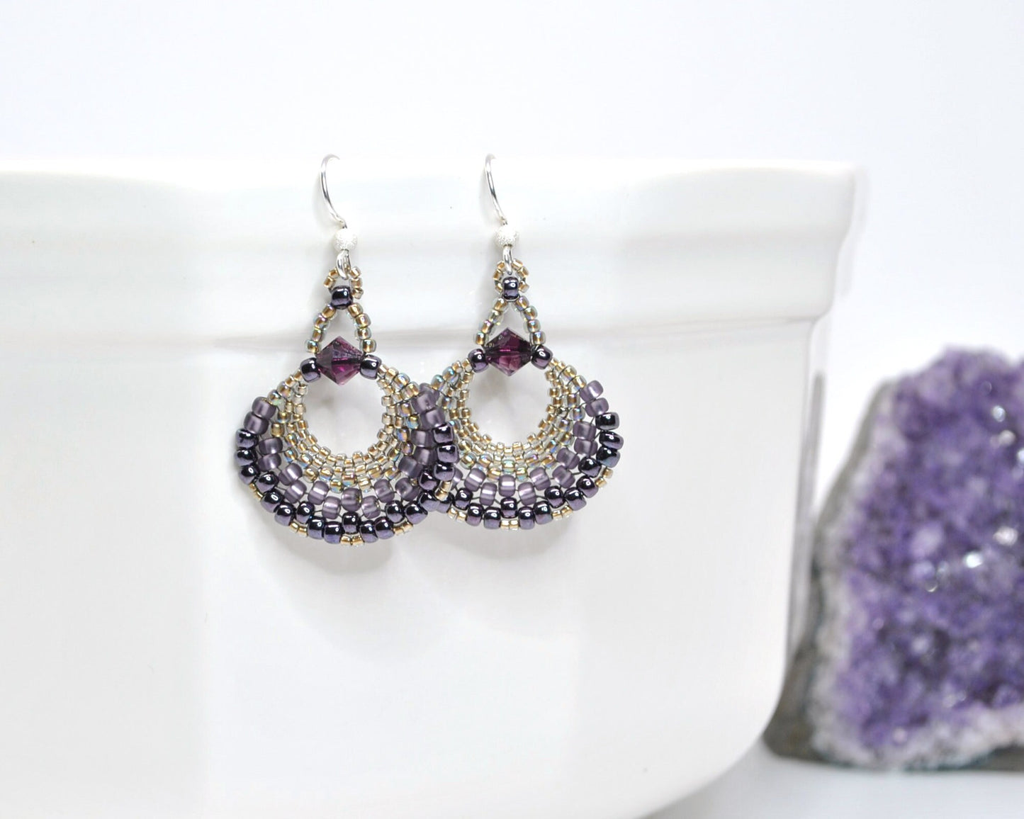 purple beaded fan earrings with sterling silver ear wires . statement earrings . lightweight handmade beaded earrings . nickel free jewelry