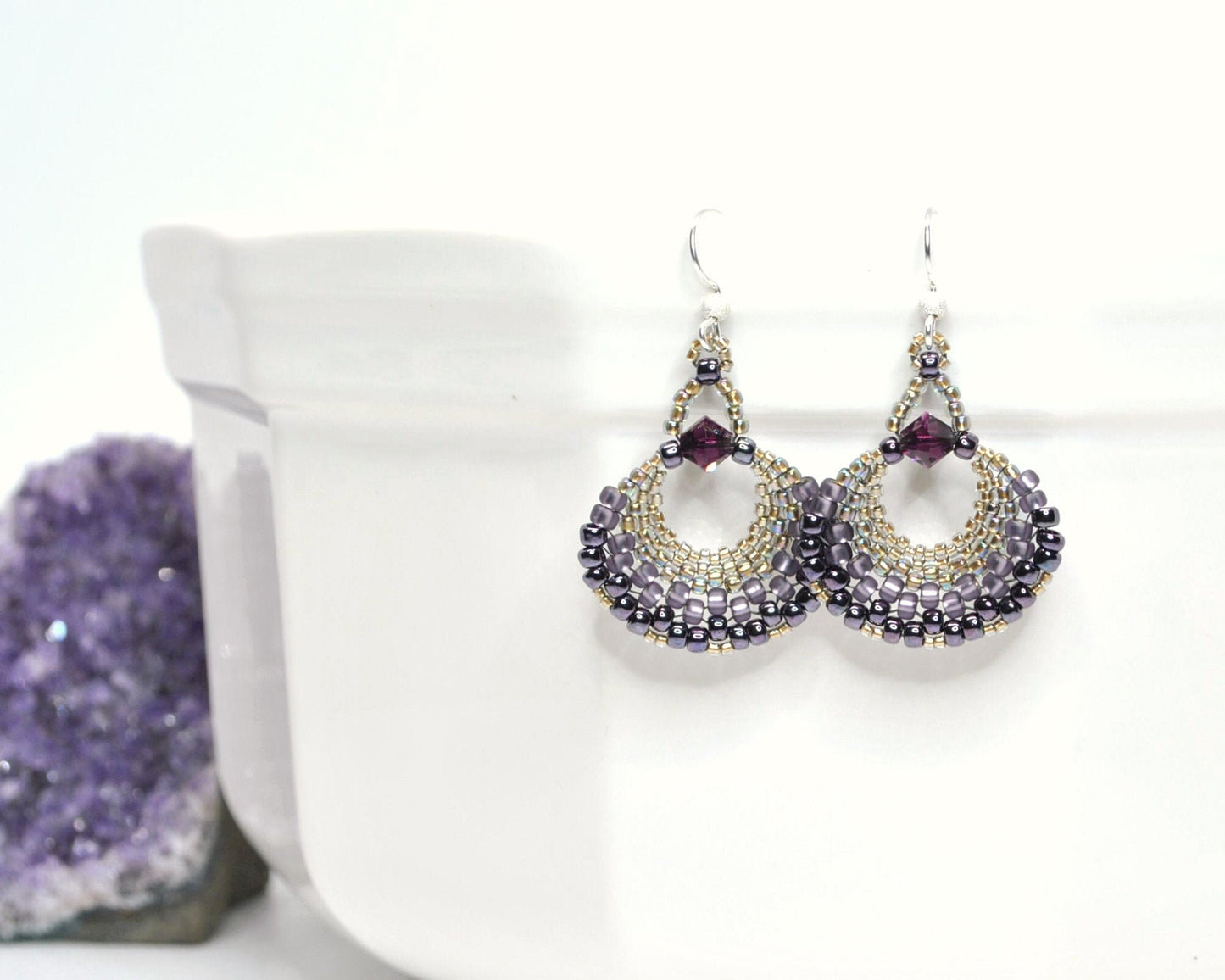 purple beaded fan earrings with sterling silver ear wires . statement earrings . lightweight handmade beaded earrings . nickel free jewelry