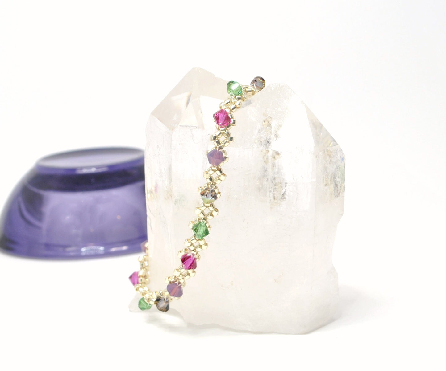 delicate swarovski crystal bracelet . southwest . unique gift . dainty . colorful, magenta pink mauve purple, teal, warm silver bracelet