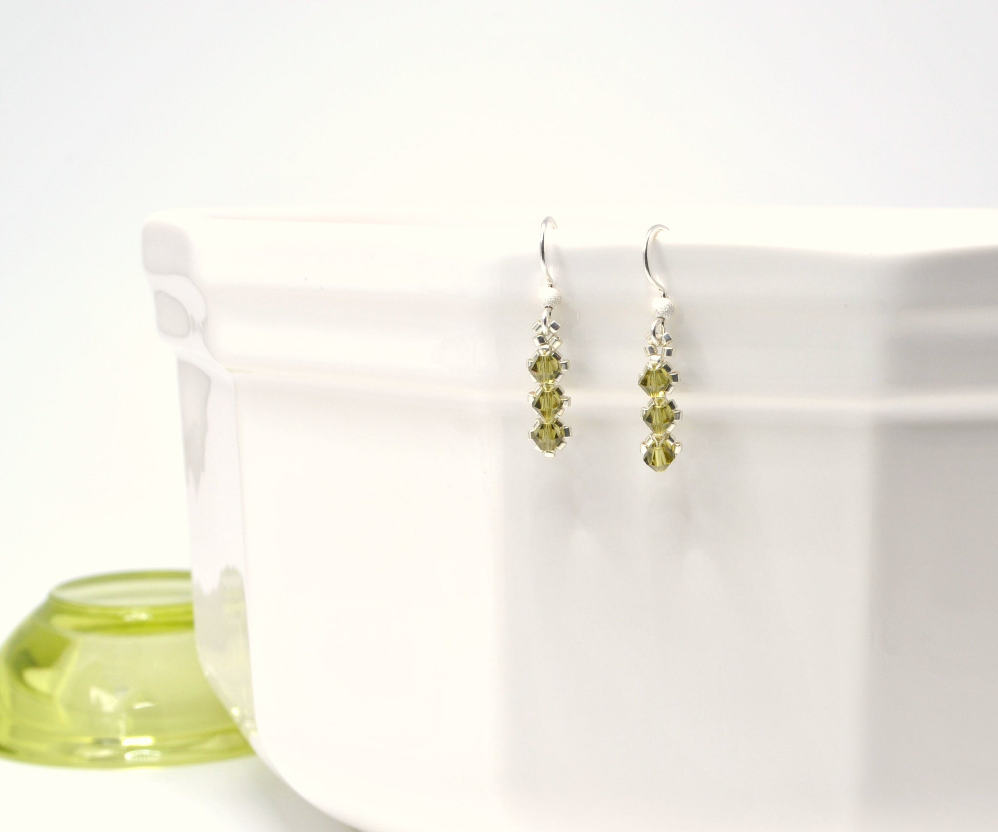 khaki green swarovski crystal earrings . diamond shape . delicate drop earrings . utilitarian style, nickel free jewelry, bridesmaid gifts