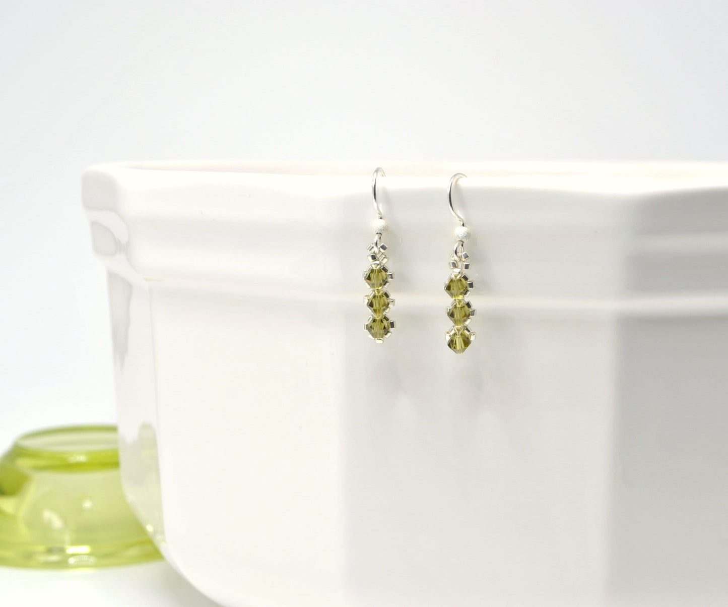 khaki green swarovski crystal earrings . diamond shape . delicate drop earrings . utilitarian style, nickel free jewelry, bridesmaid gifts