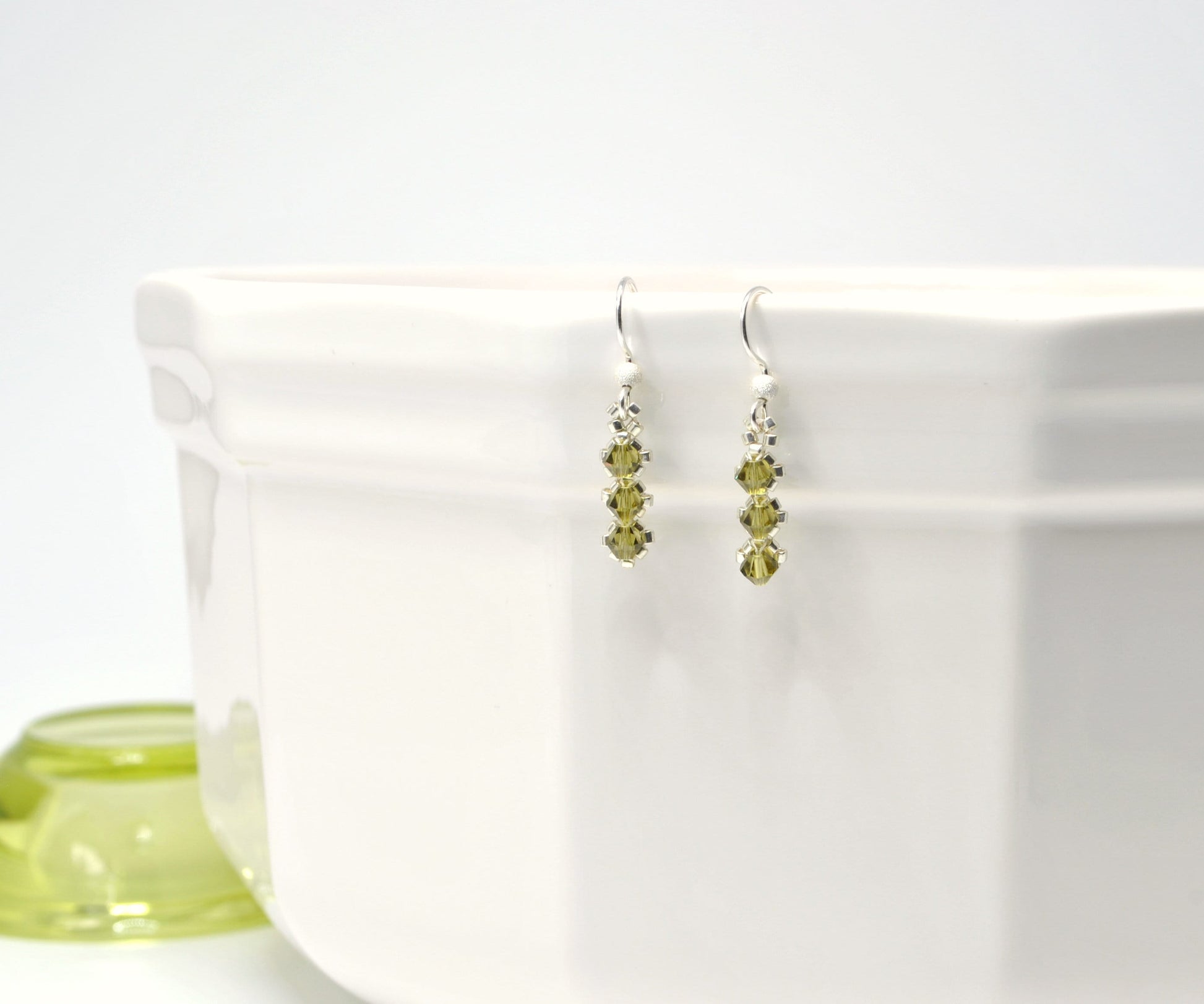 khaki green swarovski crystal earrings . diamond shape . delicate drop earrings . utilitarian style, nickel free jewelry, bridesmaid gifts