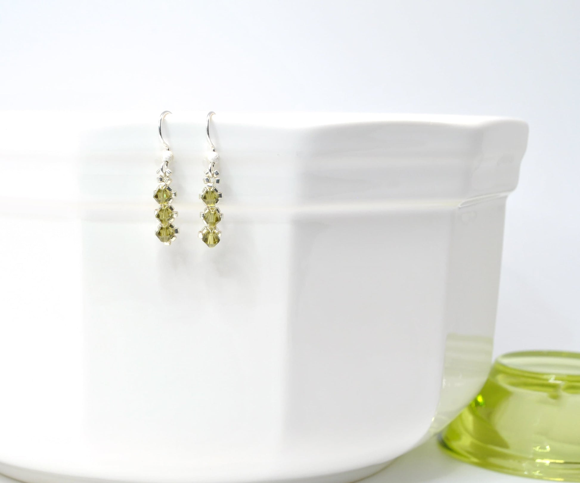 khaki green swarovski crystal earrings . diamond shape . delicate drop earrings . utilitarian style, nickel free jewelry, bridesmaid gifts