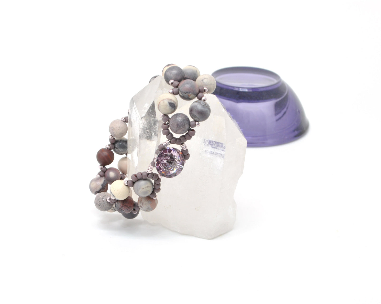 porcelain jasper purple beaded bracelet . purple gemstone bracelet . matte gemstone bracelet . purple and white gemstone bracelet .