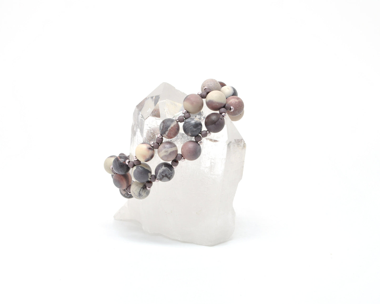 porcelain jasper purple beaded bracelet . purple gemstone bracelet . matte gemstone bracelet . purple and white gemstone bracelet .