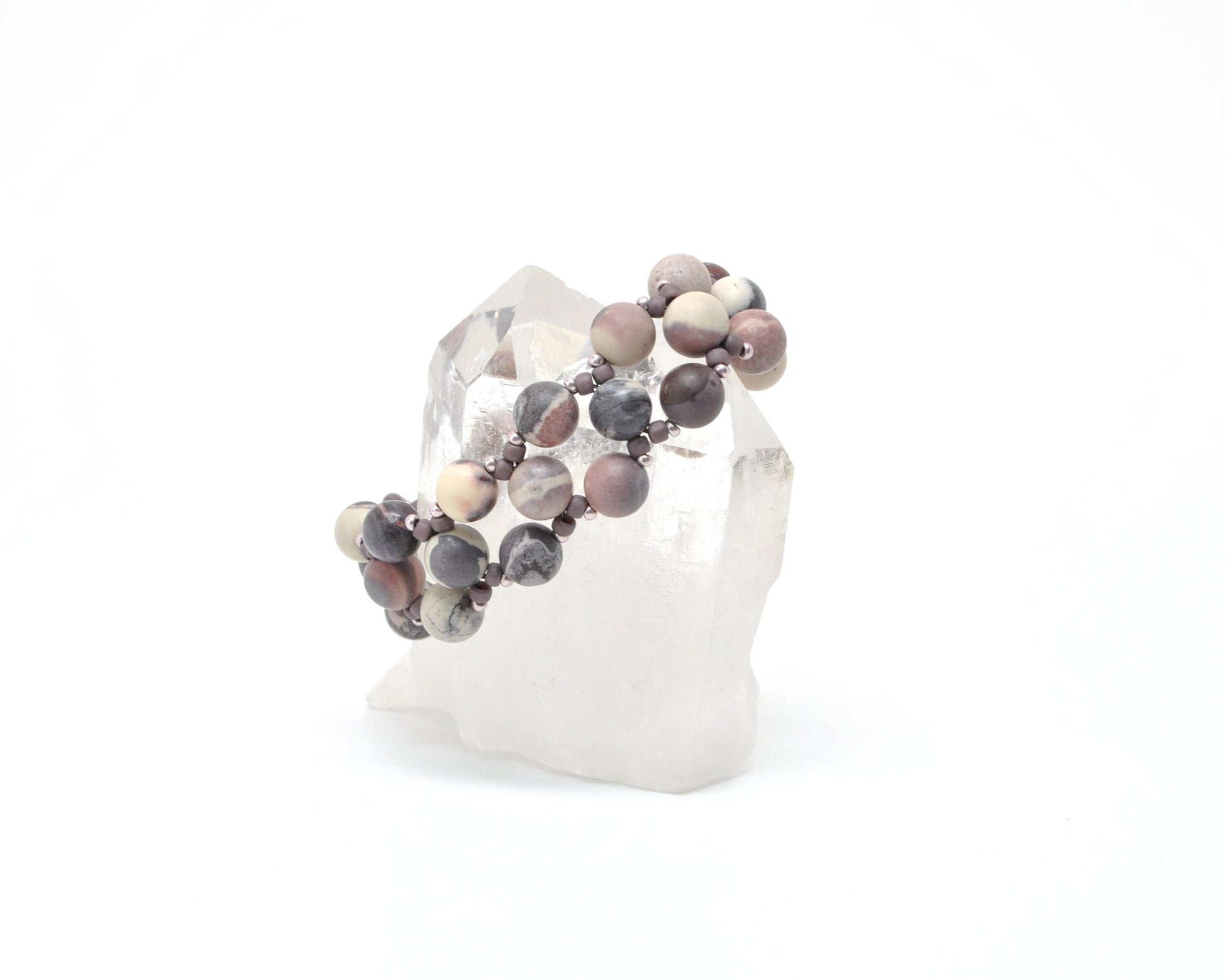 porcelain jasper purple beaded bracelet . purple gemstone bracelet . matte gemstone bracelet . purple and white gemstone bracelet .