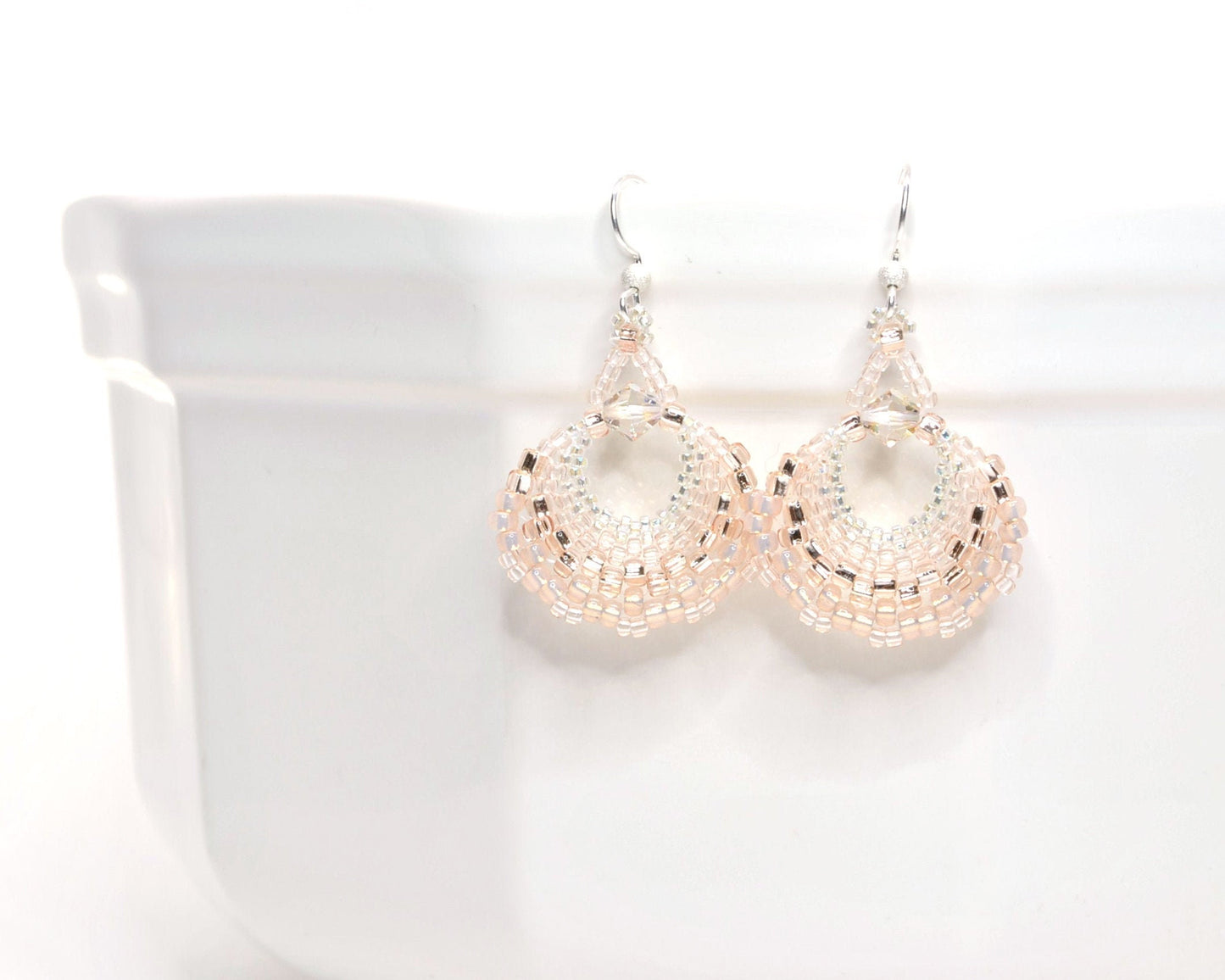 pastel pink delicate beaded fan earrings