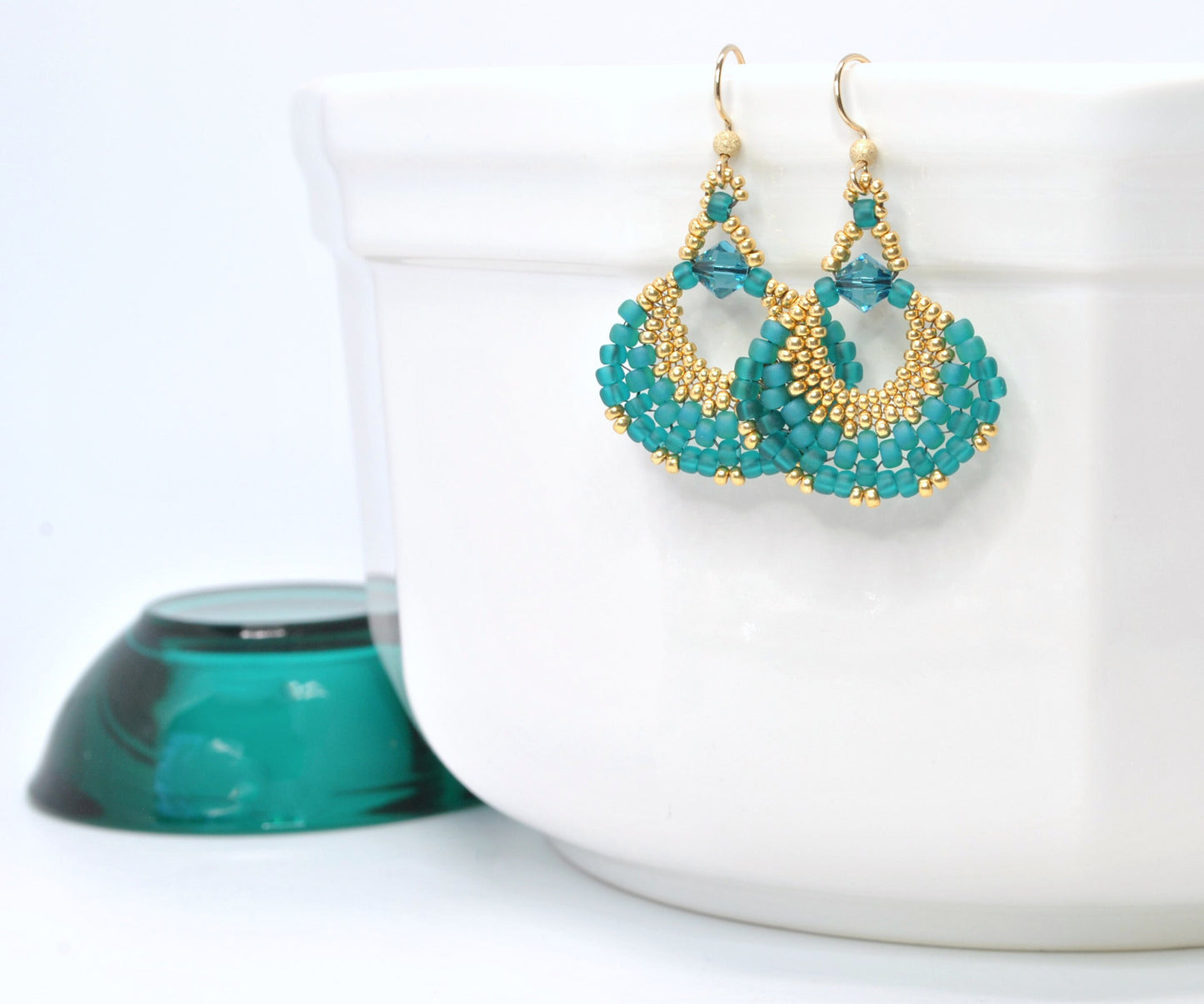 gold and teal beaded fan earrings . statement earrings. lightweight earrings . teal fan earrings . gold fan earrings . nickel free jewelry