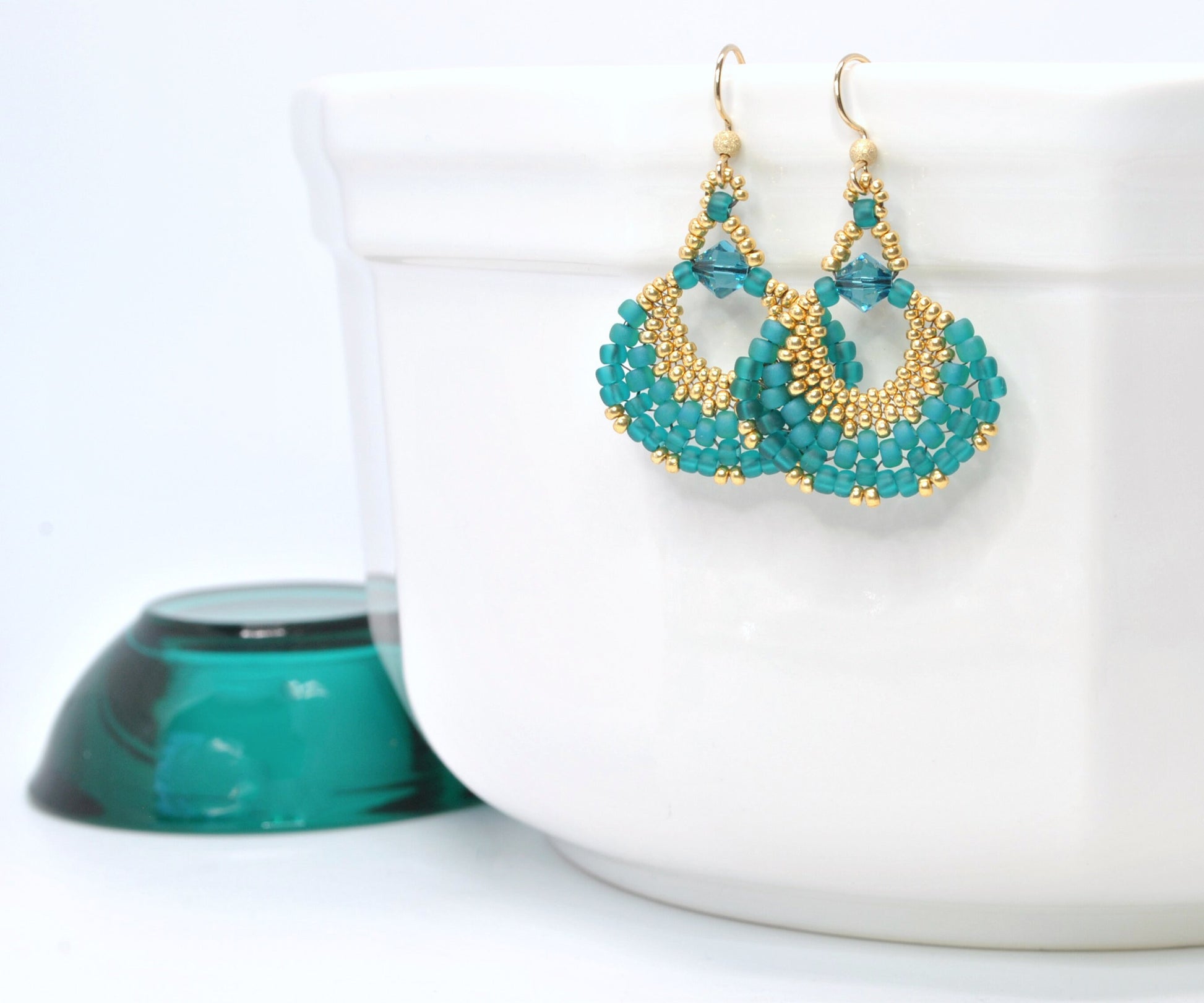 gold and teal beaded fan earrings . statement earrings. lightweight earrings . teal fan earrings . gold fan earrings . nickel free jewelry